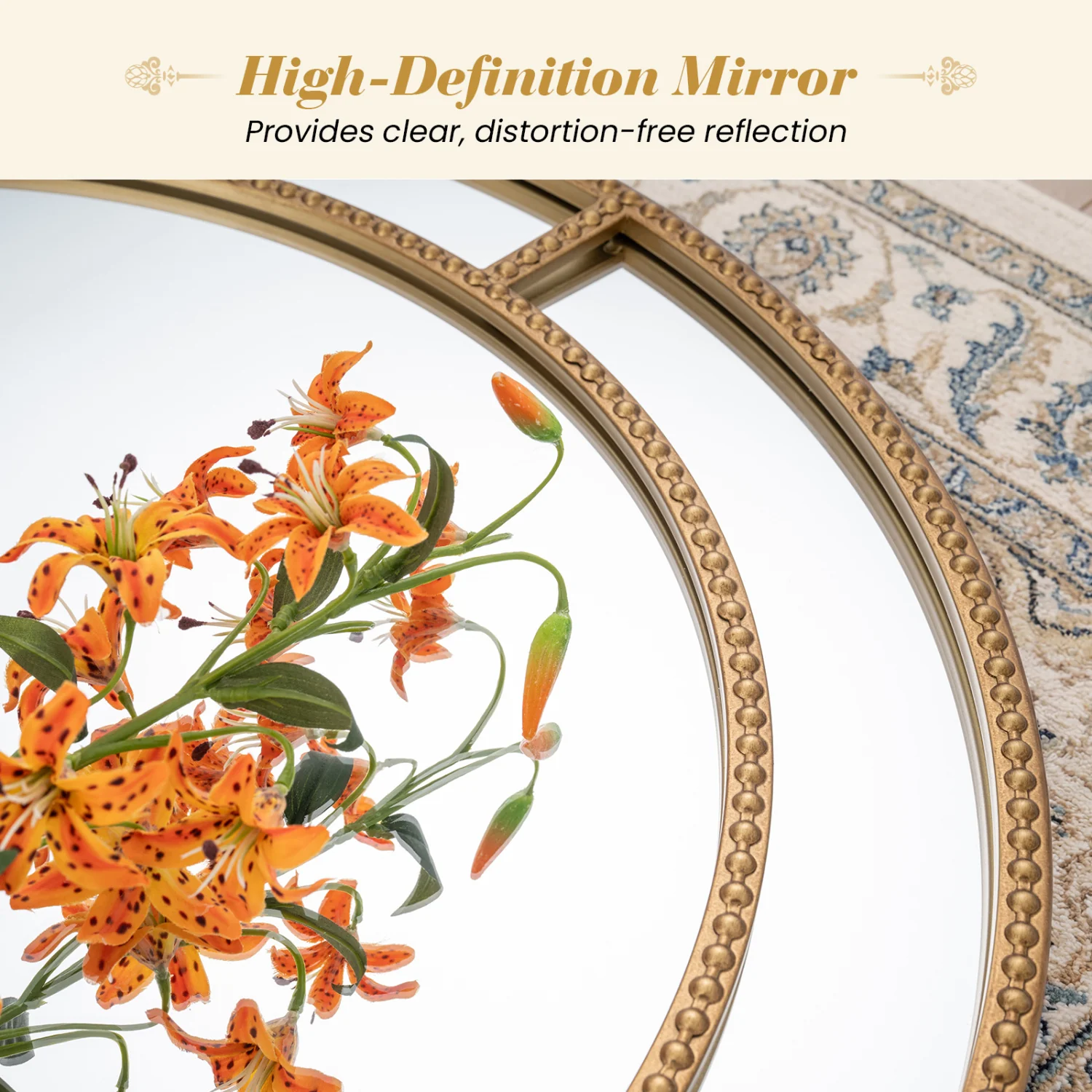 28 Inch Round Wall Mirror, Beaded Frame, Living Room Entryway, Gold - Image 8