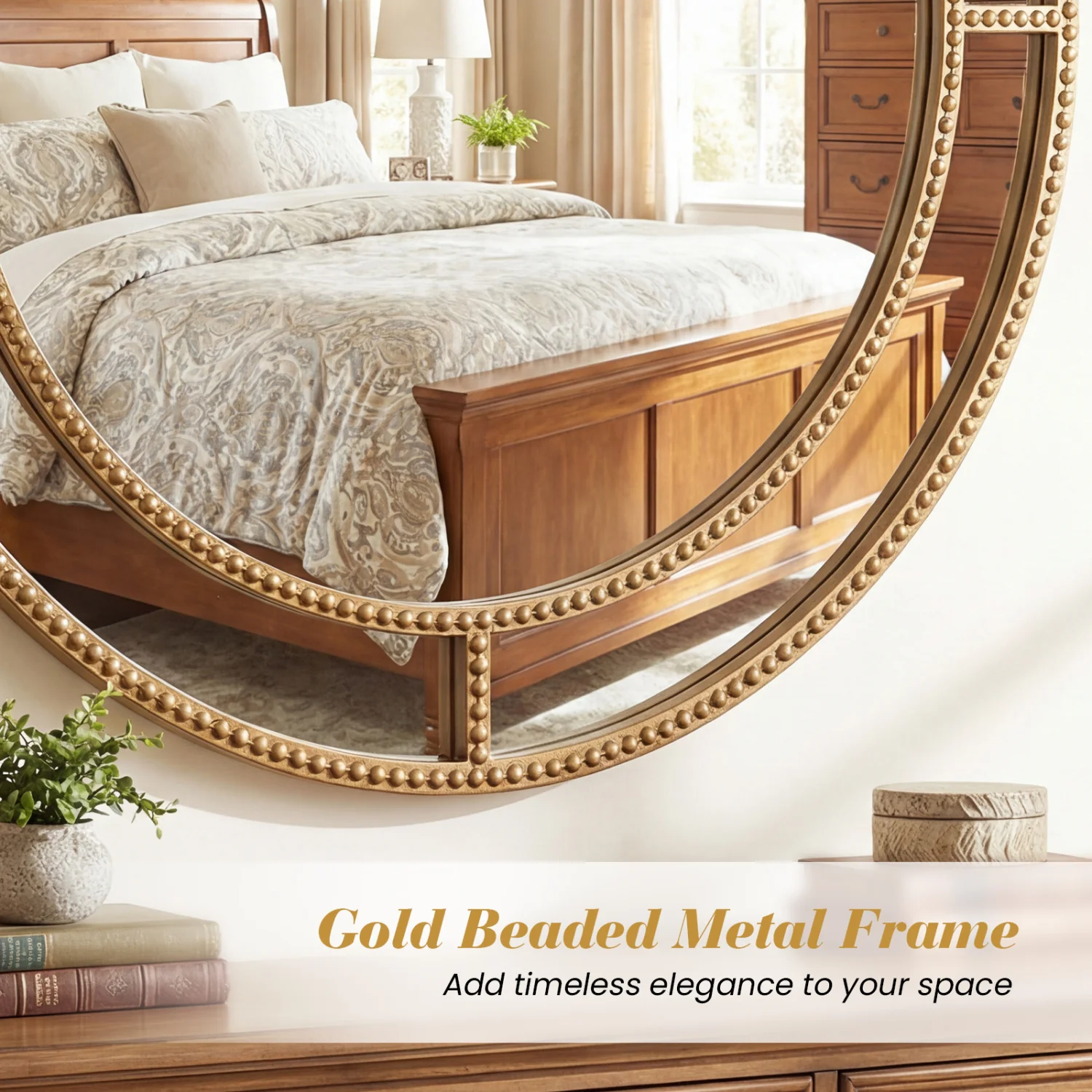28 Inch Round Wall Mirror, Beaded Frame, Living Room Entryway, Gold - Image 9