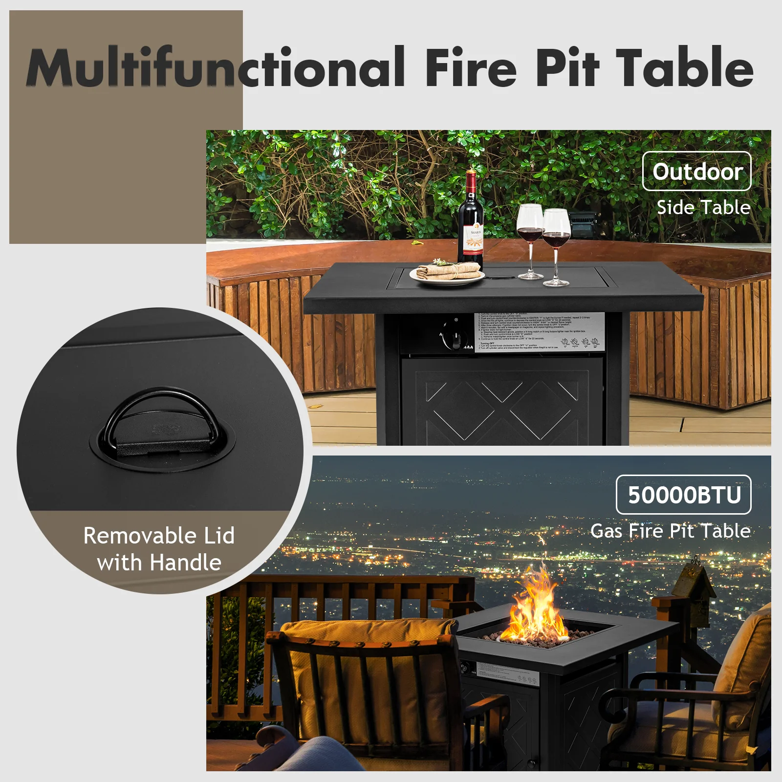28 Inch Propane 50,000 BTU Patio Square Gas Fireplace, Black - Image 8