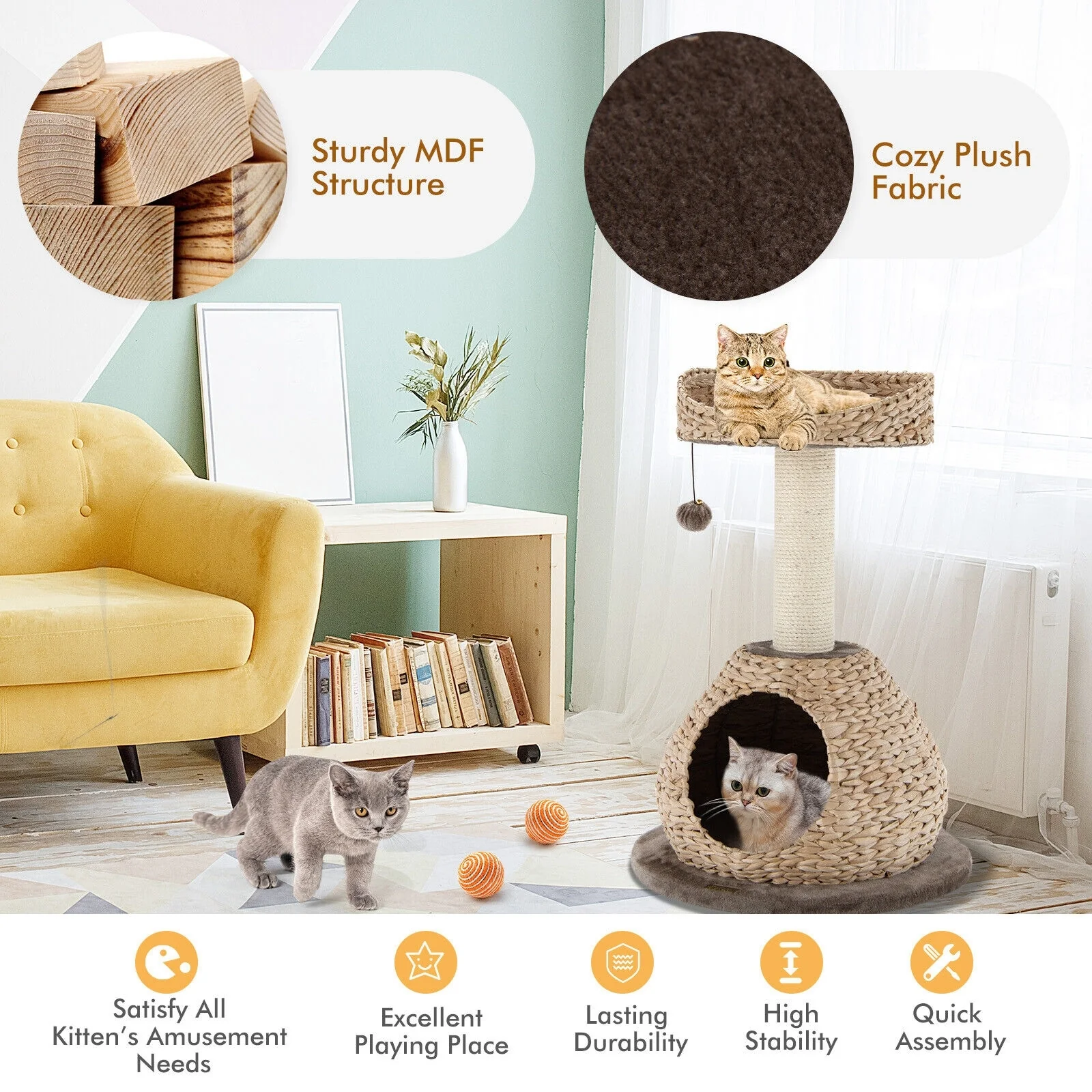 28 Inches Hand-Made Cat Tree Tower, Jump Platform, Coffee - Image 3