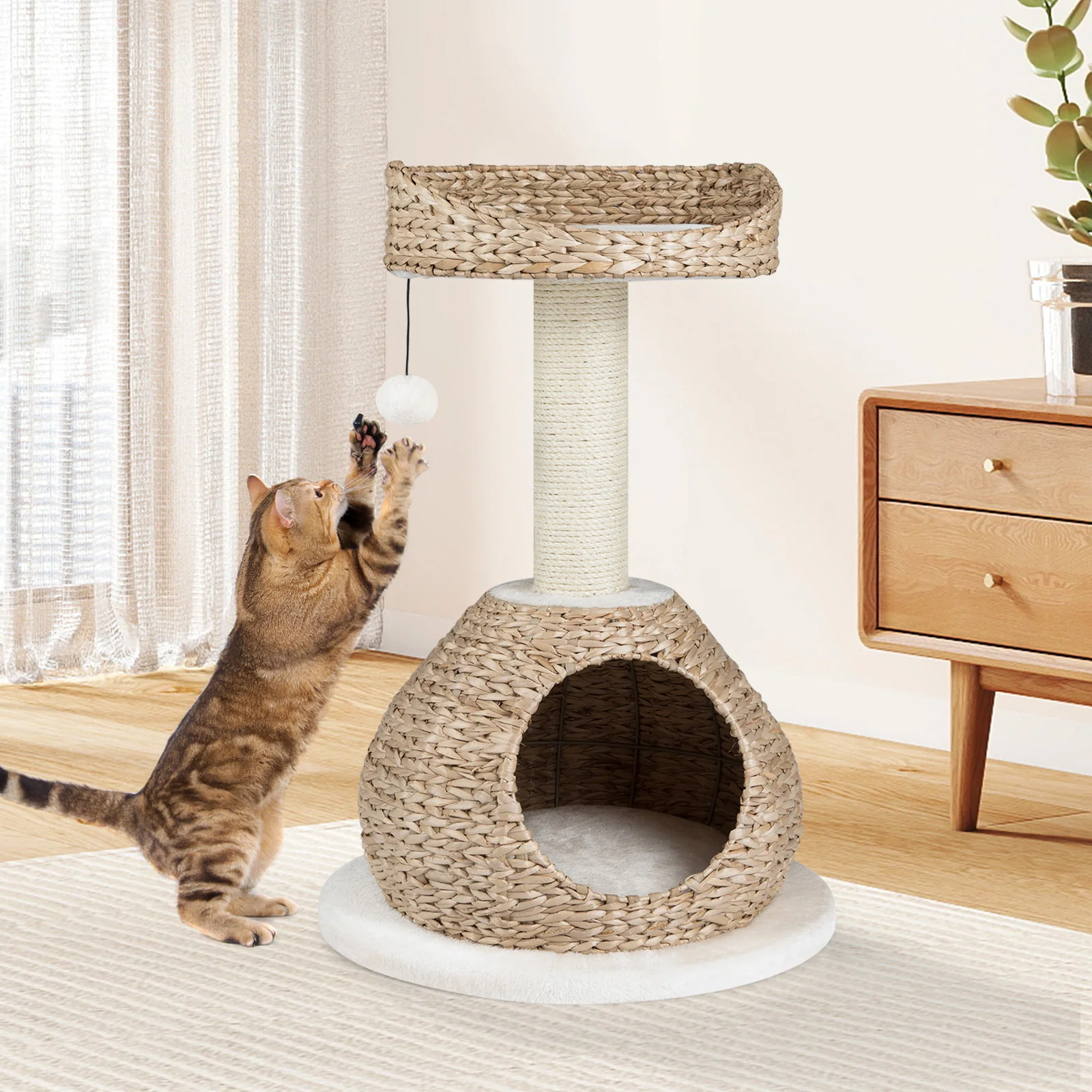 28 Inches Hand-Made Cat Tree Tower with Jump Platform, White - Image 2