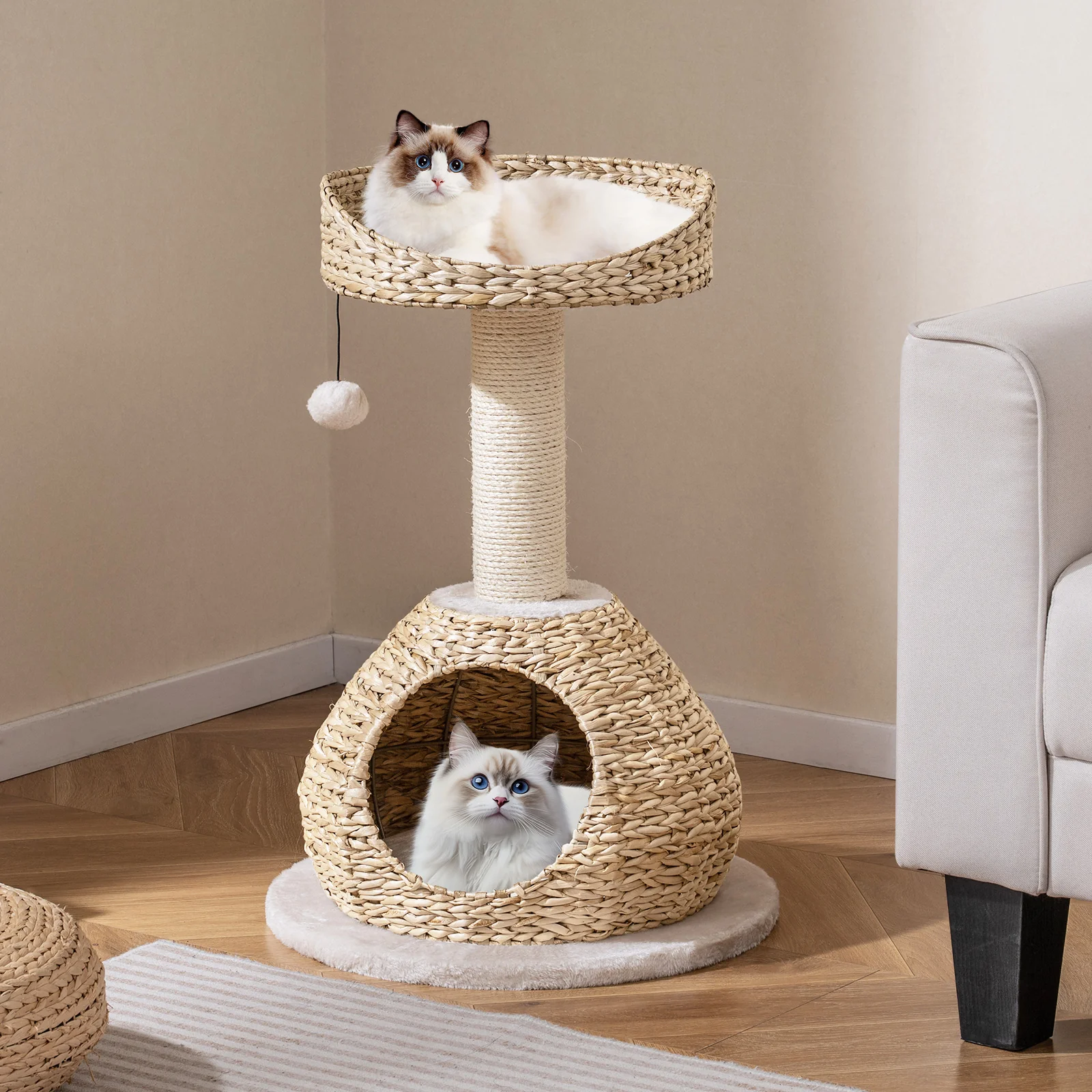 28 Inches Hand-Made Cat Tree Tower with Jump Platform, White - Image 3