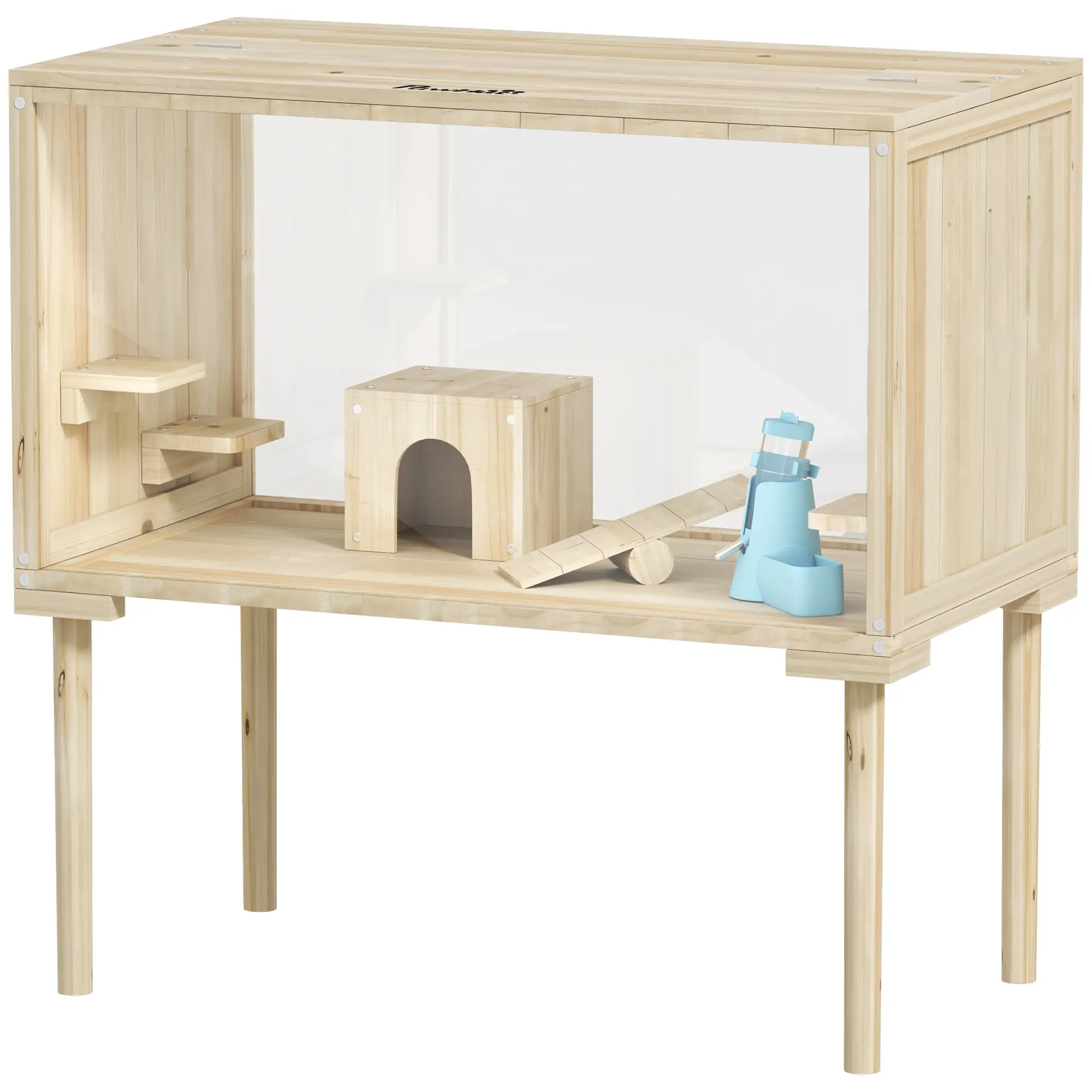 28"L Wooden Hamster Cage, Seesaw, Water Bottle, Food Dish, Hut, Transparent Panel
