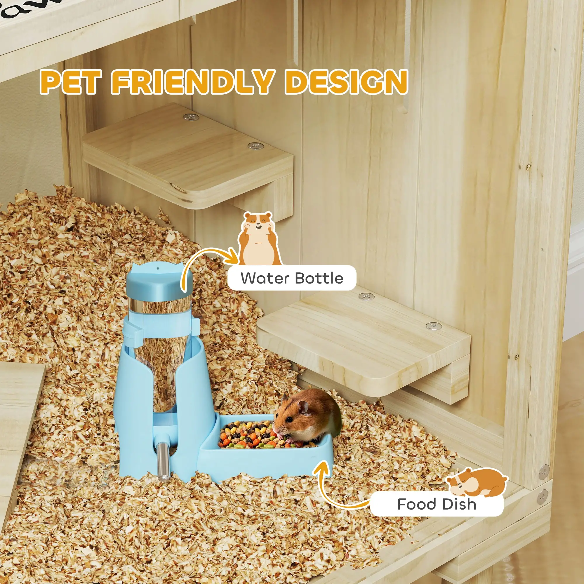 28"L Wooden Hamster Cage, Seesaw, Water Bottle, Food Dish, Hut, Transparent Panel - Image 5