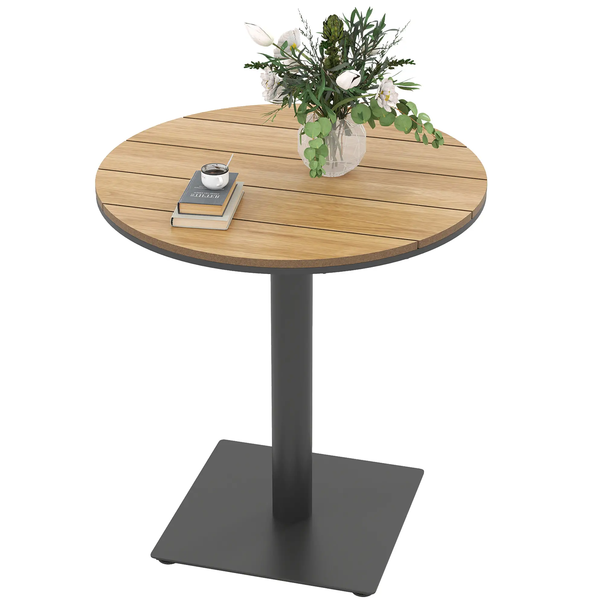 28" Round Outdoor Side Table, Slatted Design, Weather Resistant, Natural - Image 11