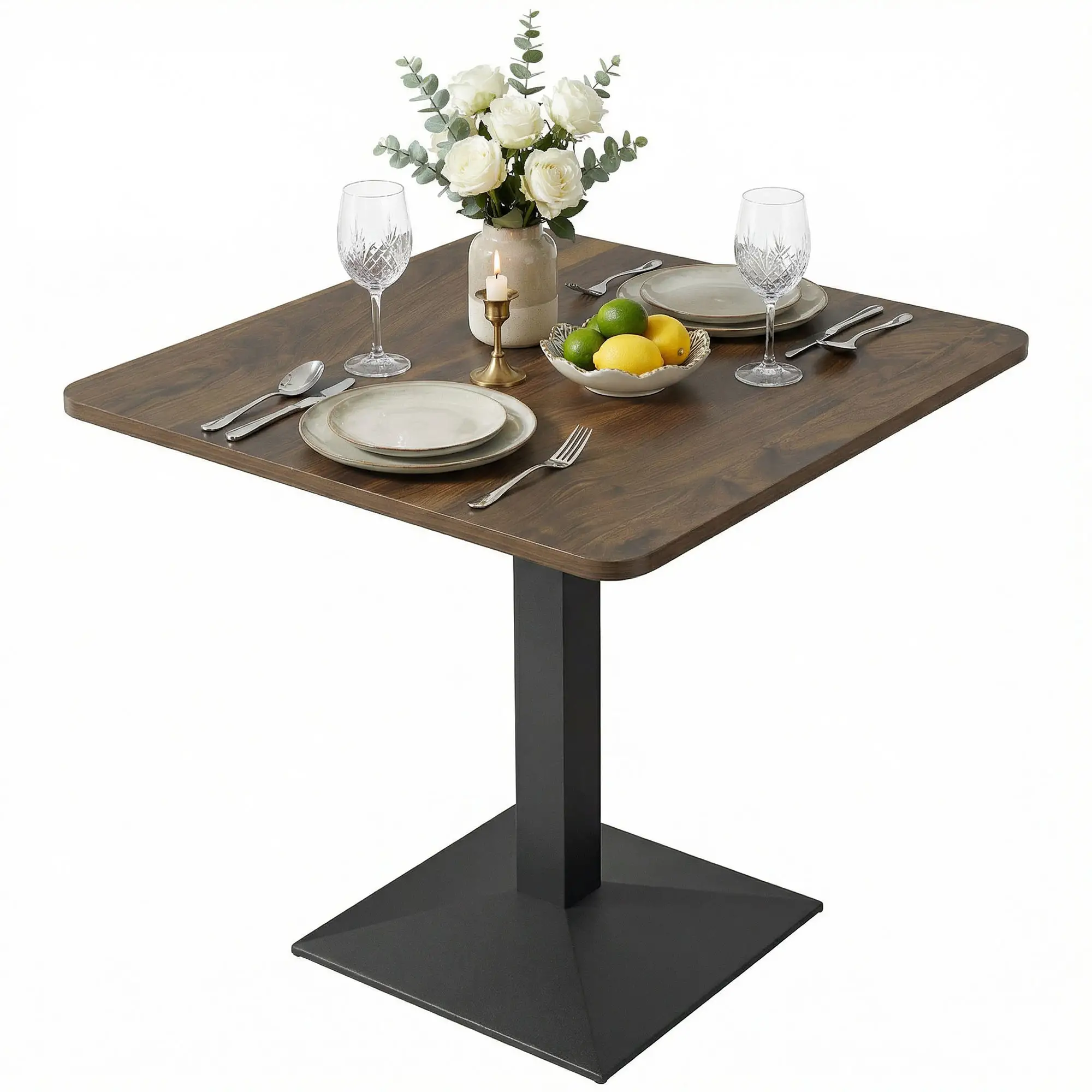 28" Square Dining Table, Walnut, Modern Steel Base, Space Saving Kitchen Table