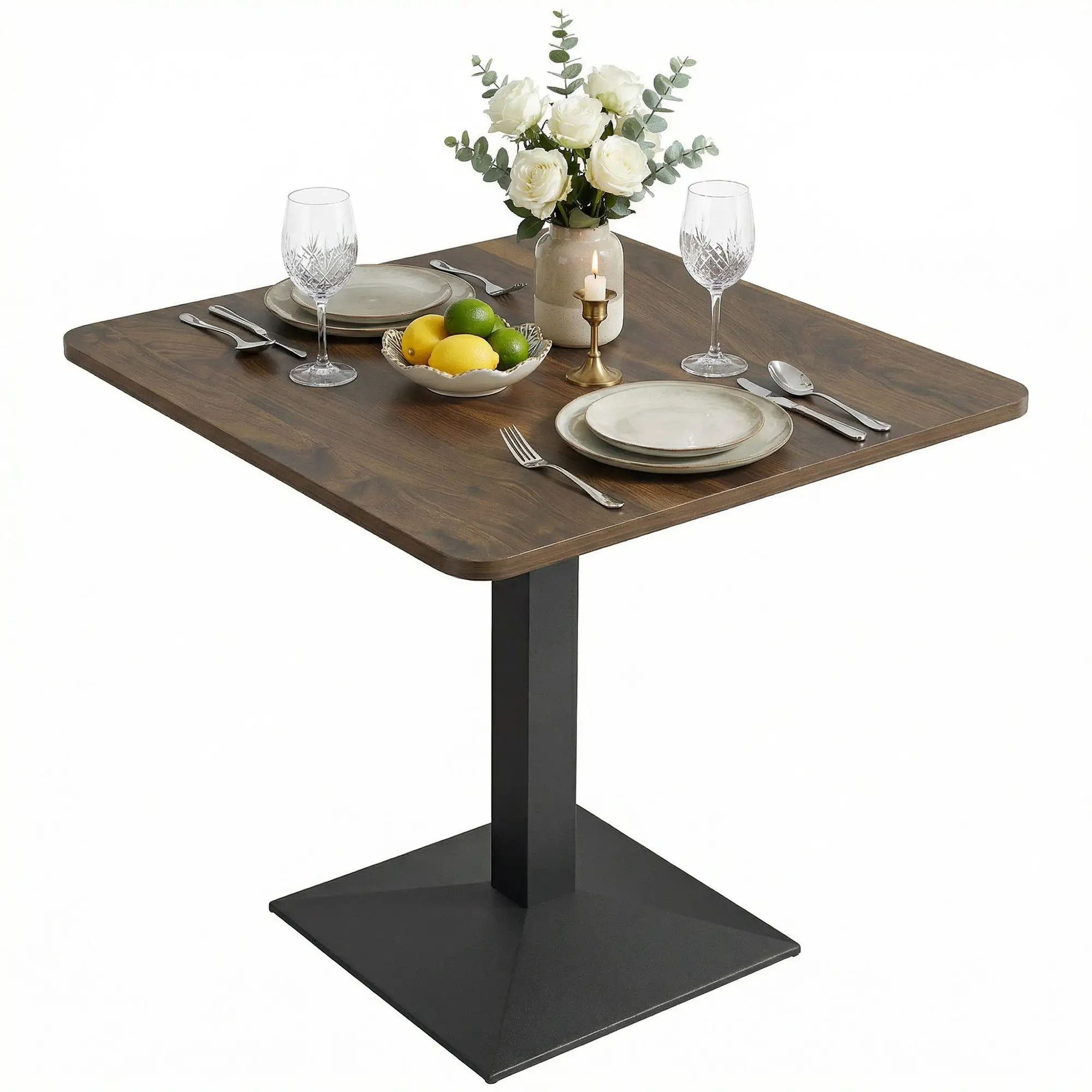 28" Square Dining Table, Walnut, Modern Steel Base, Space Saving Kitchen Table - Image 11