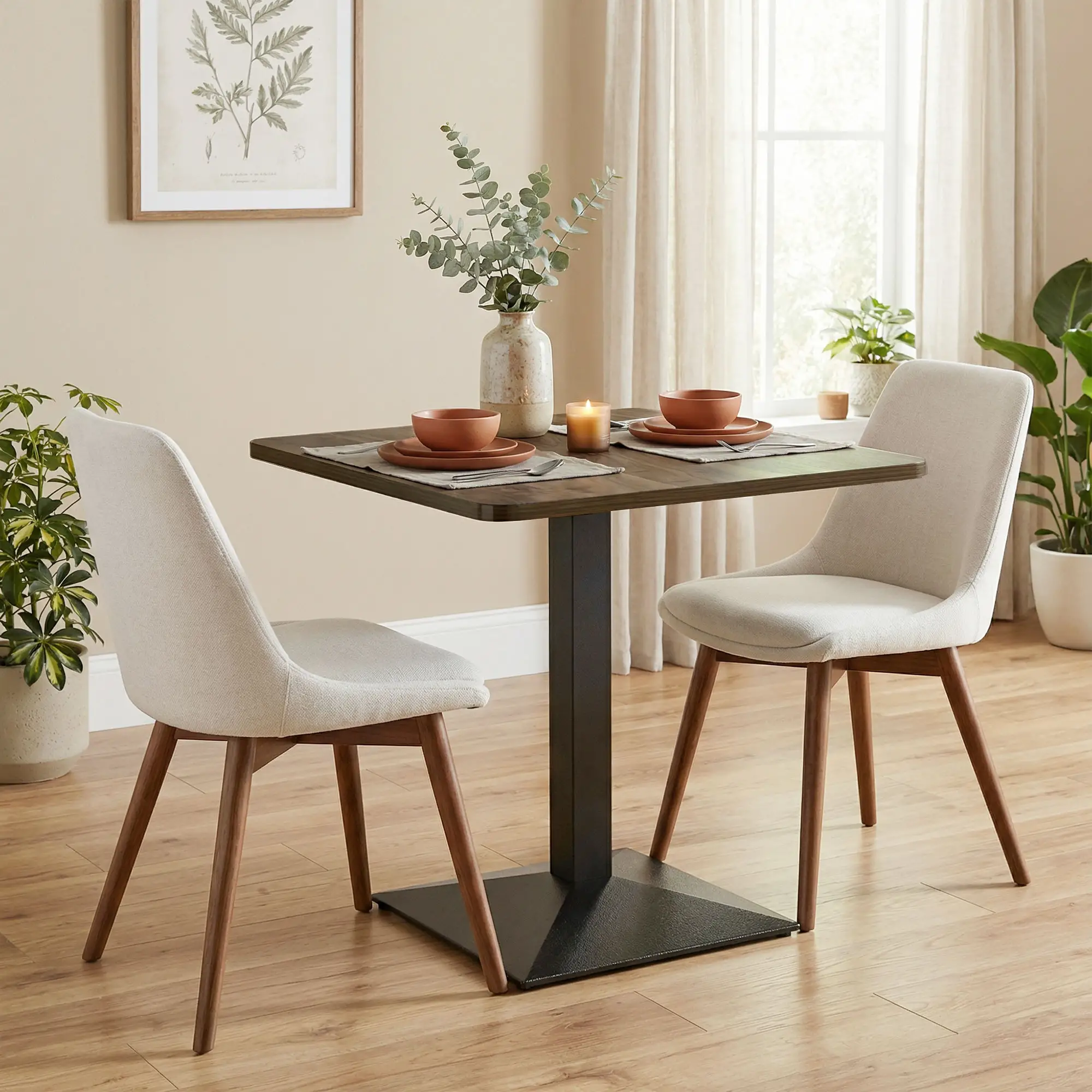 28" Square Dining Table, Walnut, Modern Steel Base, Space Saving Kitchen Table - Image 2
