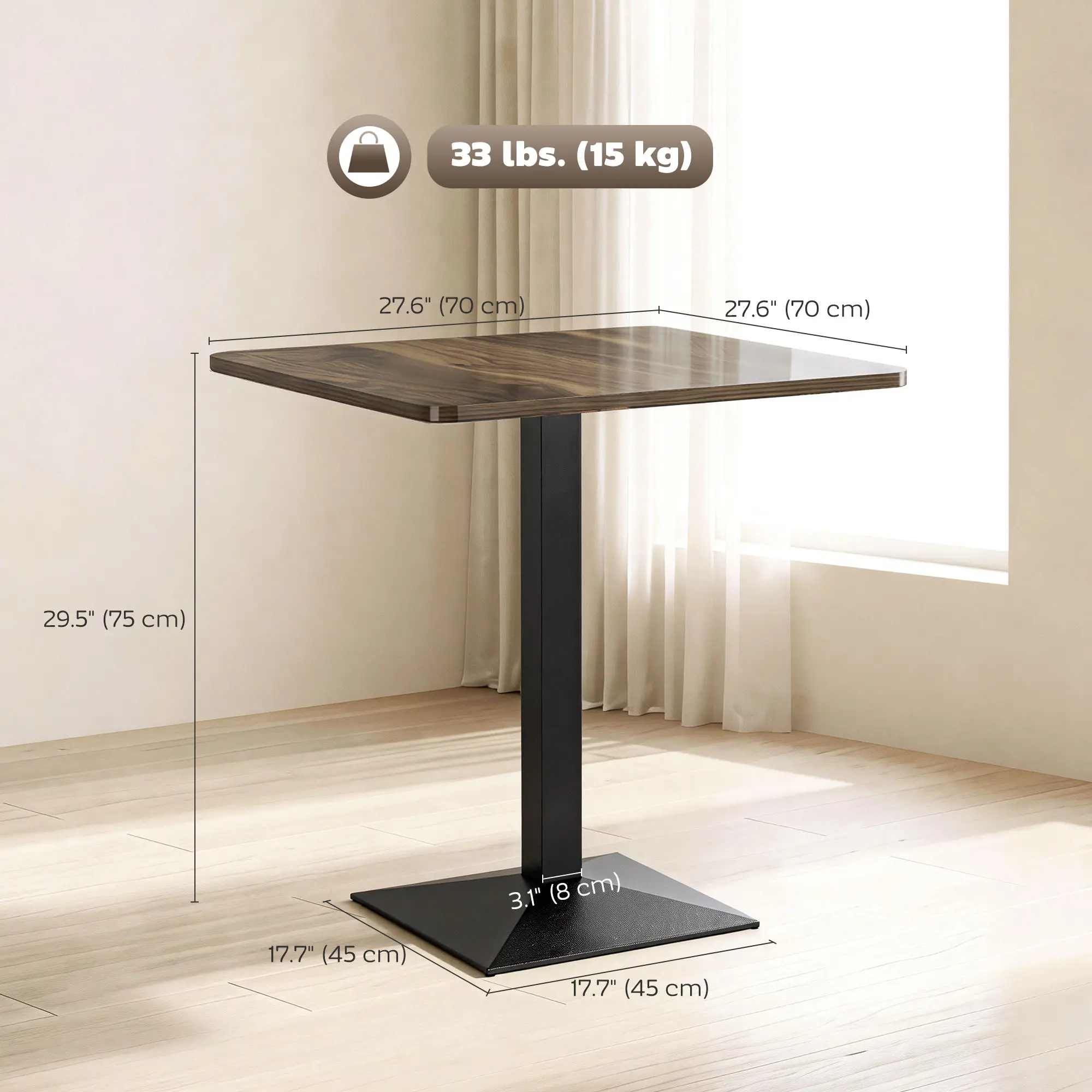 28" Square Dining Table, Walnut, Modern Steel Base, Space Saving Kitchen Table - Image 3