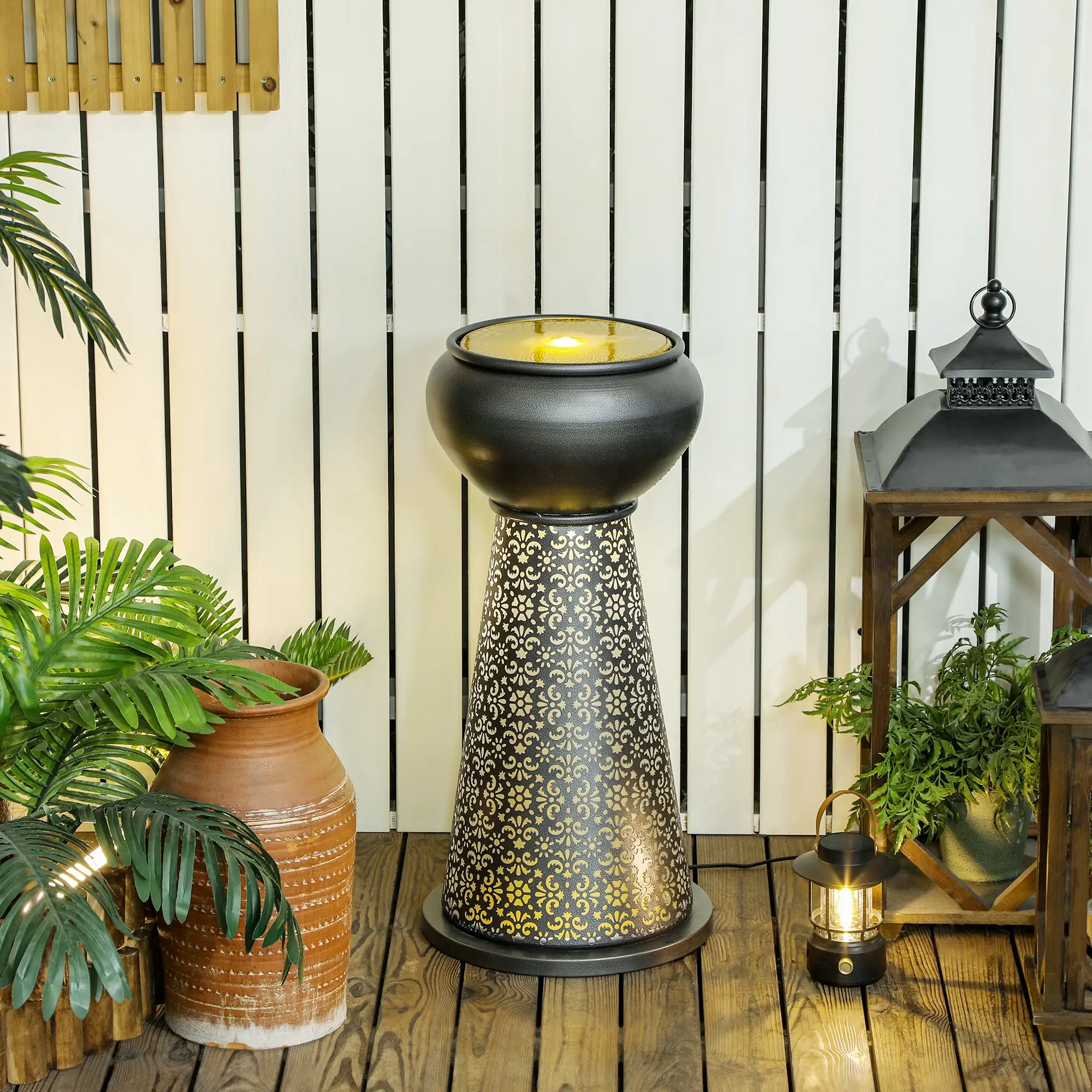 28" Tall Outdoor Water Fountain with LED Lights, Adjustable Flow, Dark Grey, Yellow - Image 2