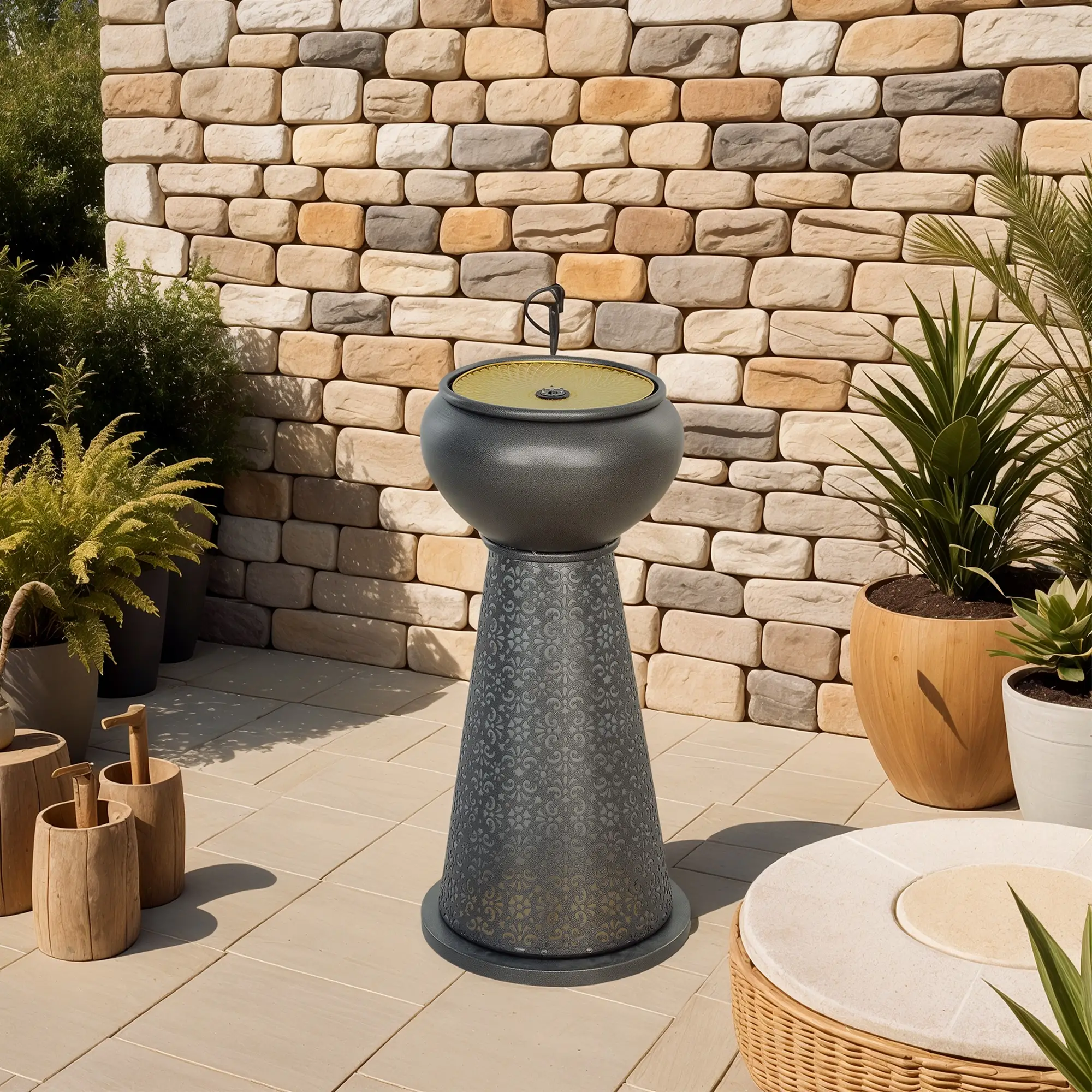 28" Tall Outdoor Water Fountain with LED Lights, Adjustable Flow, Dark Grey, Yellow - Image 7