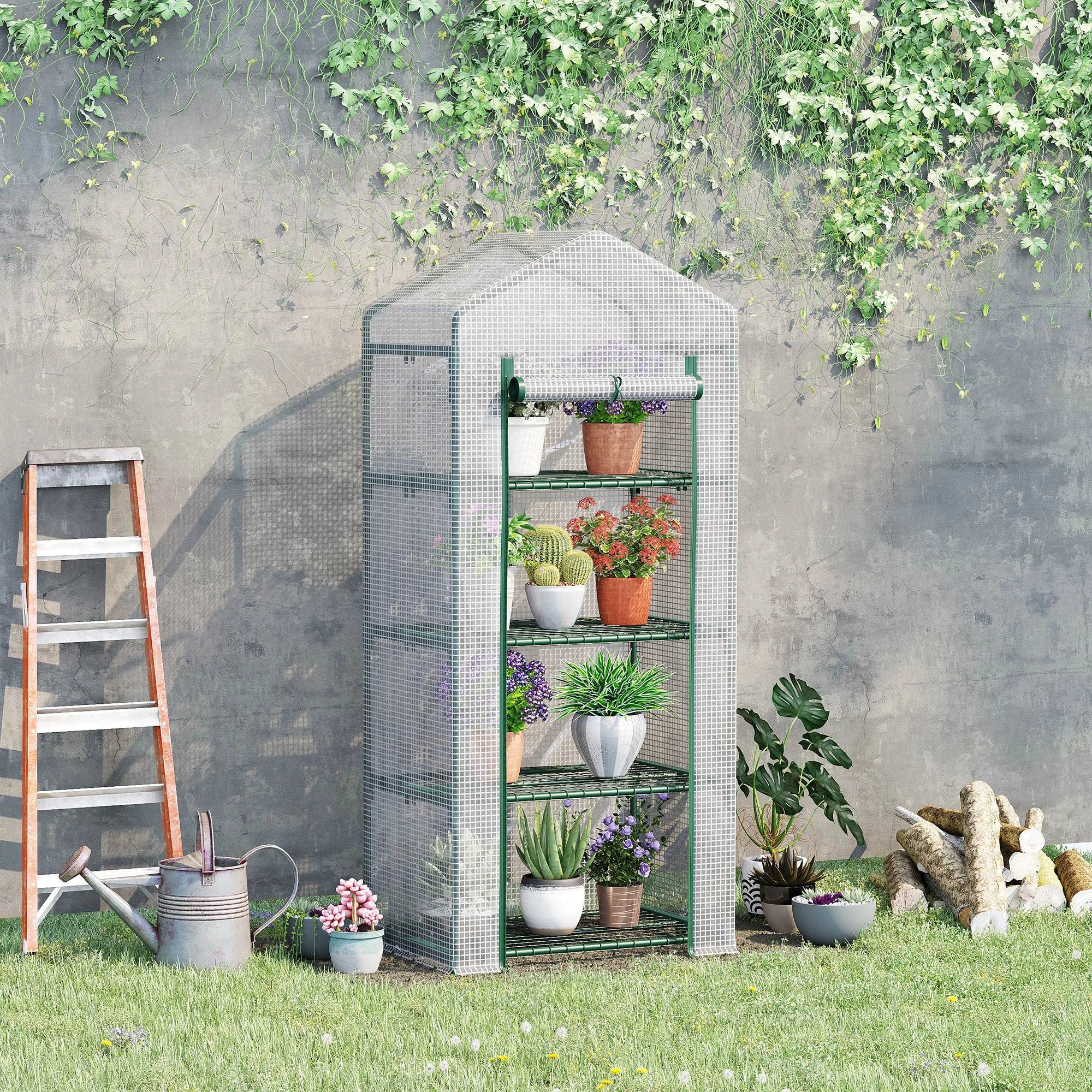 28" x 20" x 63" Portable Greenhouse, 4 Tier Shelves, Steel Frame, PE Cover, White - Image 2