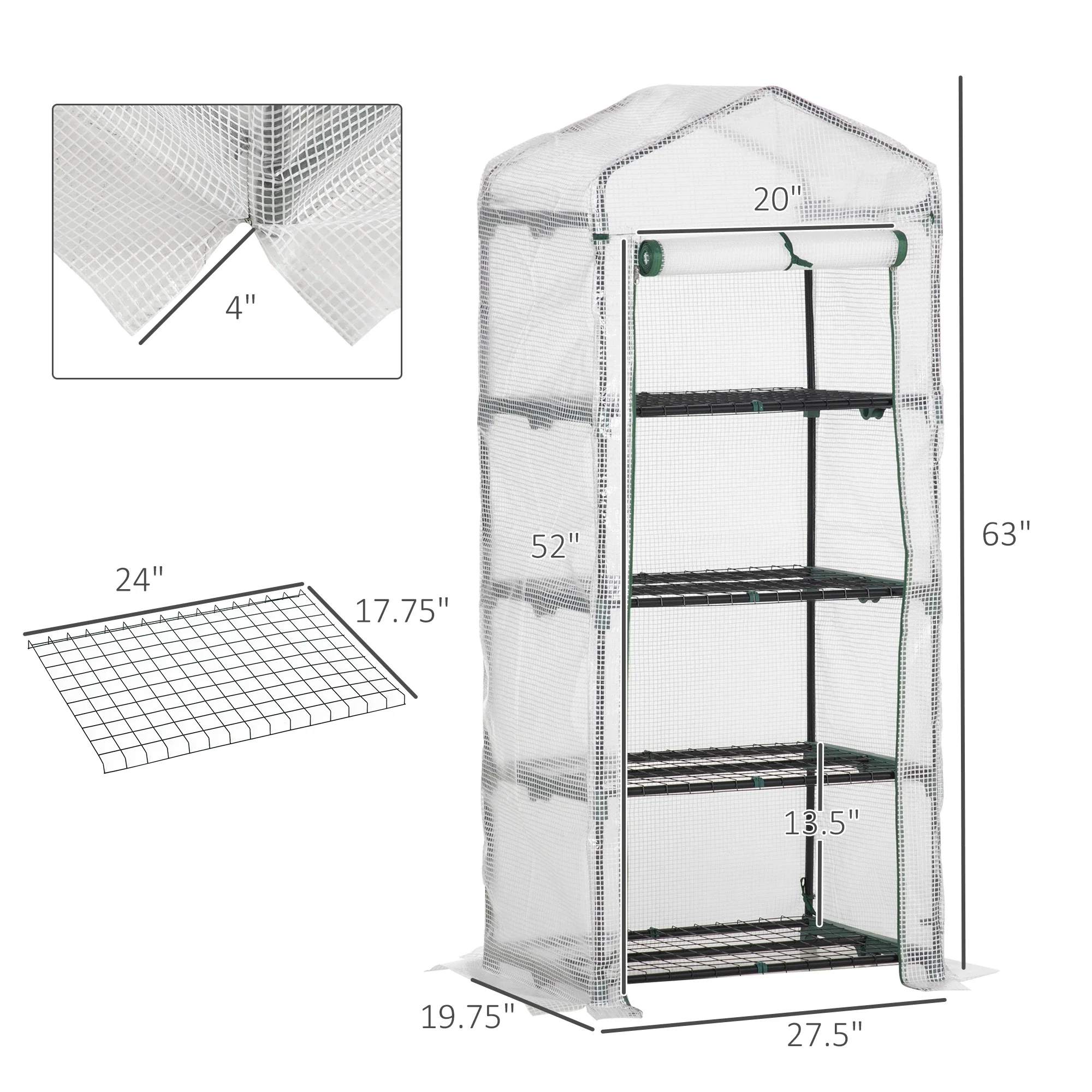 28" x 20" x 63" Portable Greenhouse, 4 Tier Shelves, Steel Frame, PE Cover, White - Image 3