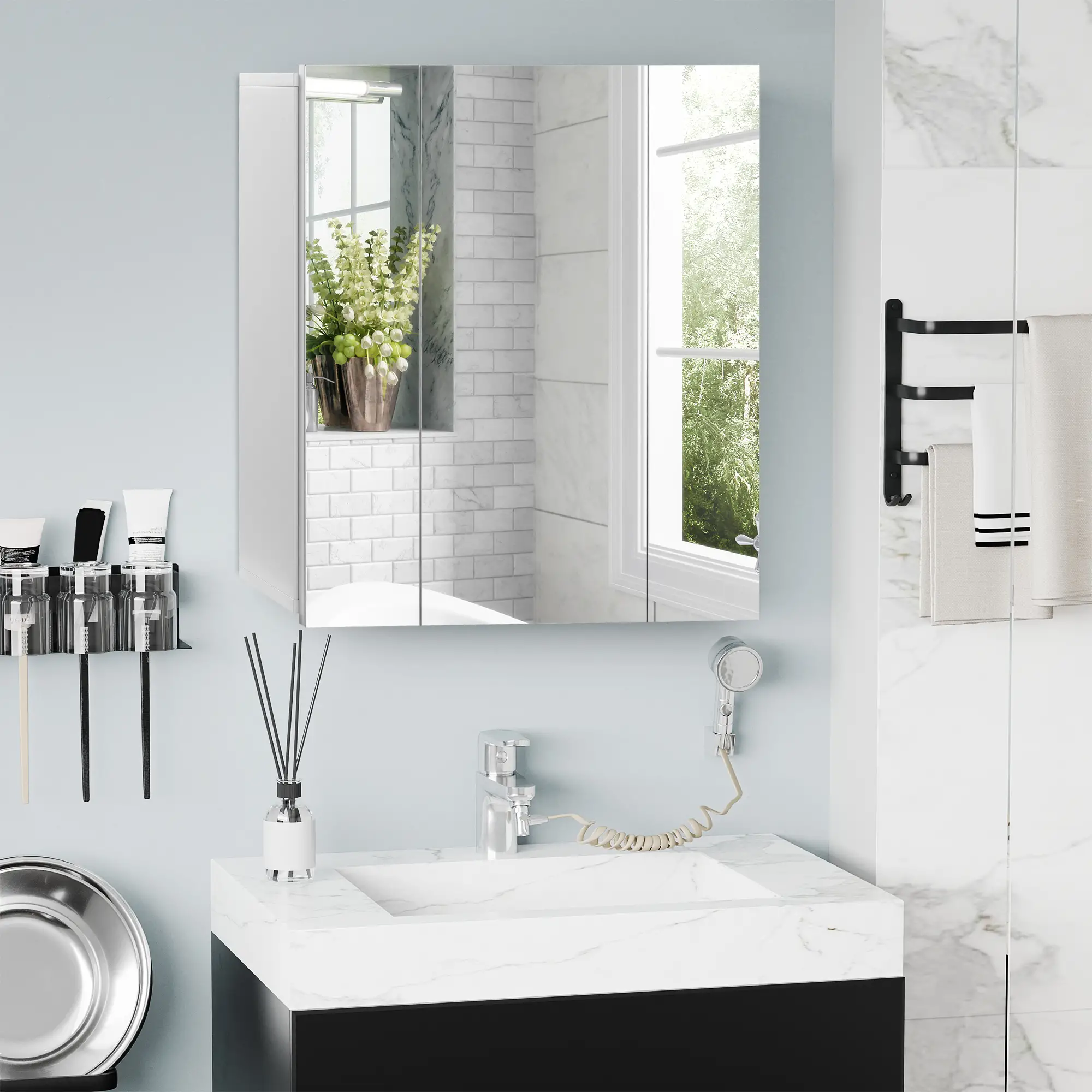 28" x 24" Wall Mounted Mirror Cabinet, 3 Doors, Adjustable Shelves, White - Image 2
