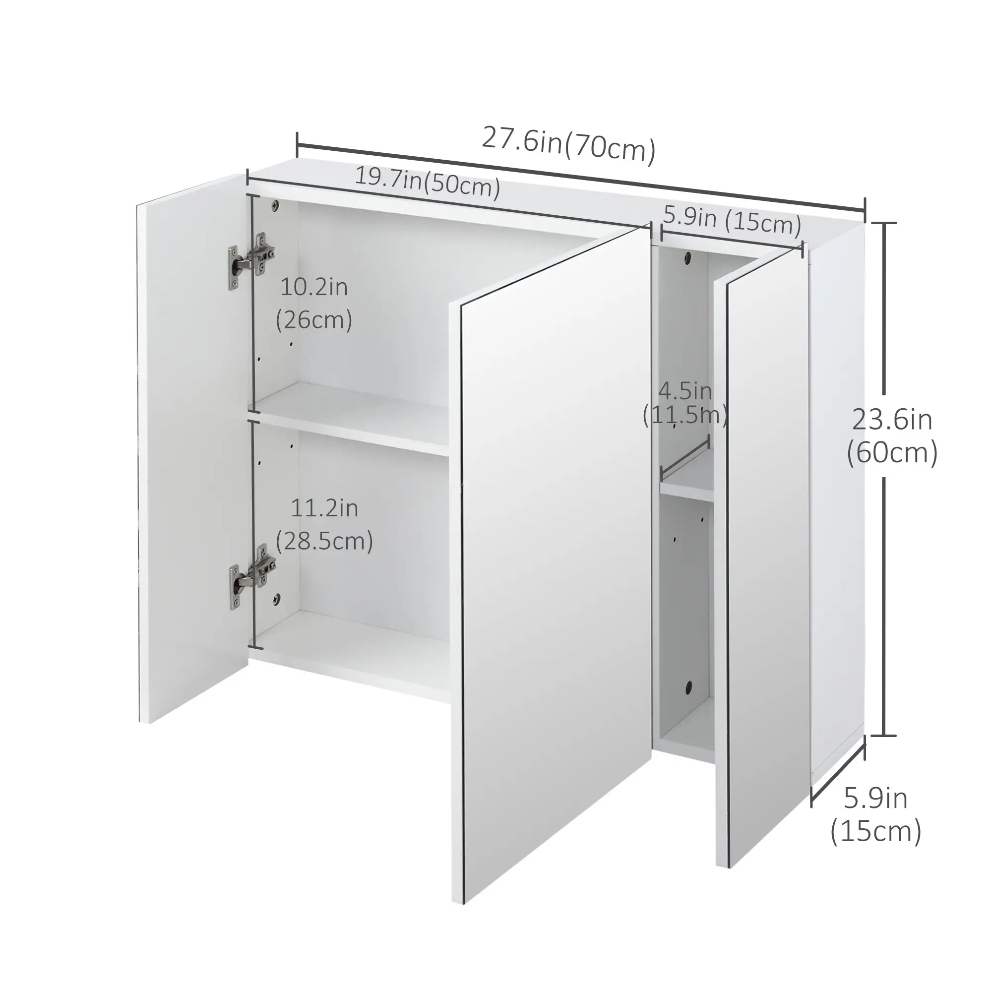 28" x 24" Wall Mounted Mirror Cabinet, 3 Doors, Adjustable Shelves, White - Image 3
