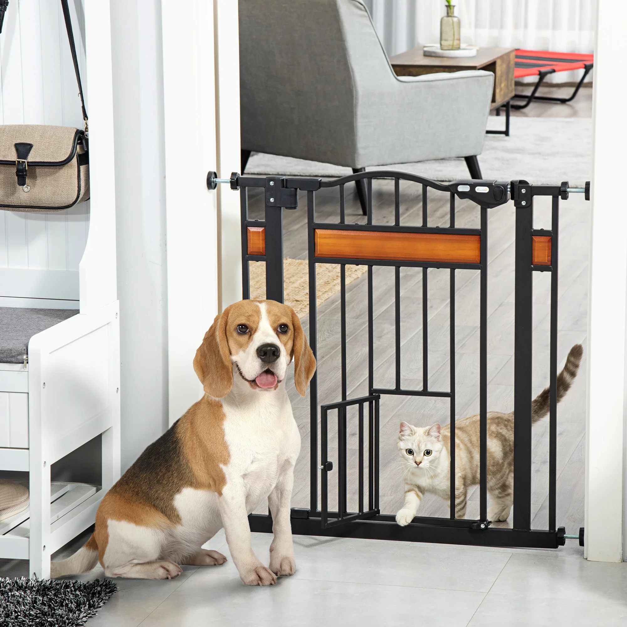 29.1''-31.5'' Wide Dog Gate with Cat Door, Auto Close, Double Lock, Black - Image 2