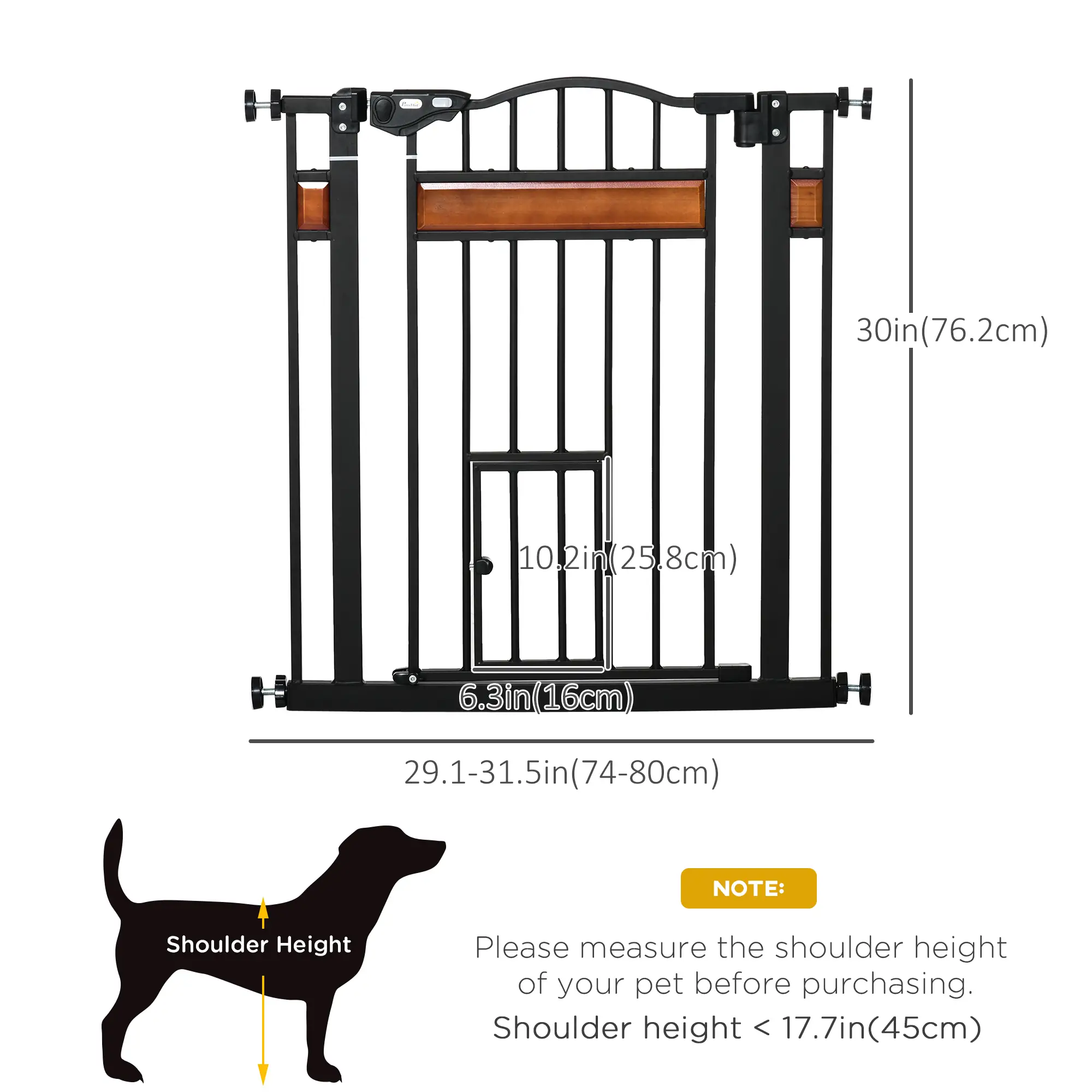 29.1''-31.5'' Wide Dog Gate with Cat Door, Auto Close, Double Lock, Black - Image 3