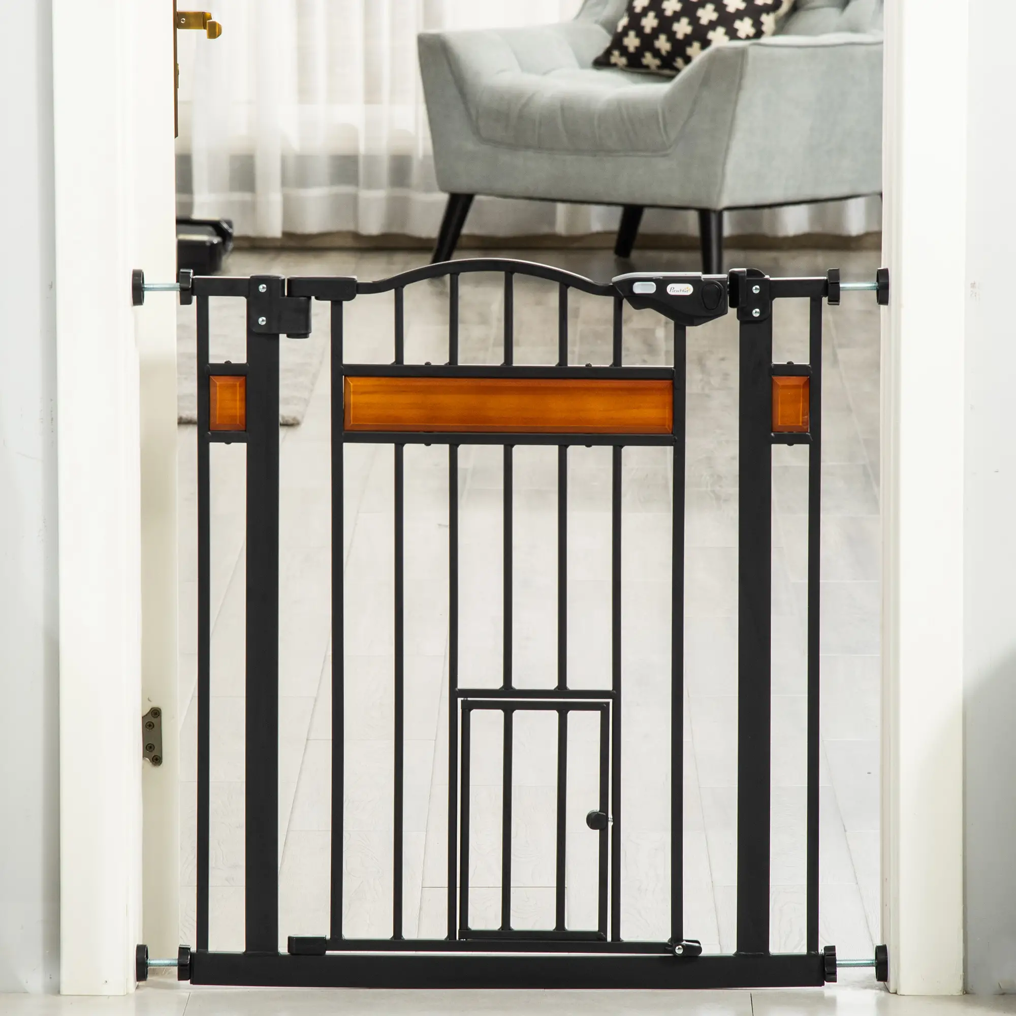 29.1''-31.5'' Wide Dog Gate with Cat Door, Auto Close, Double Lock, Black - Image 8