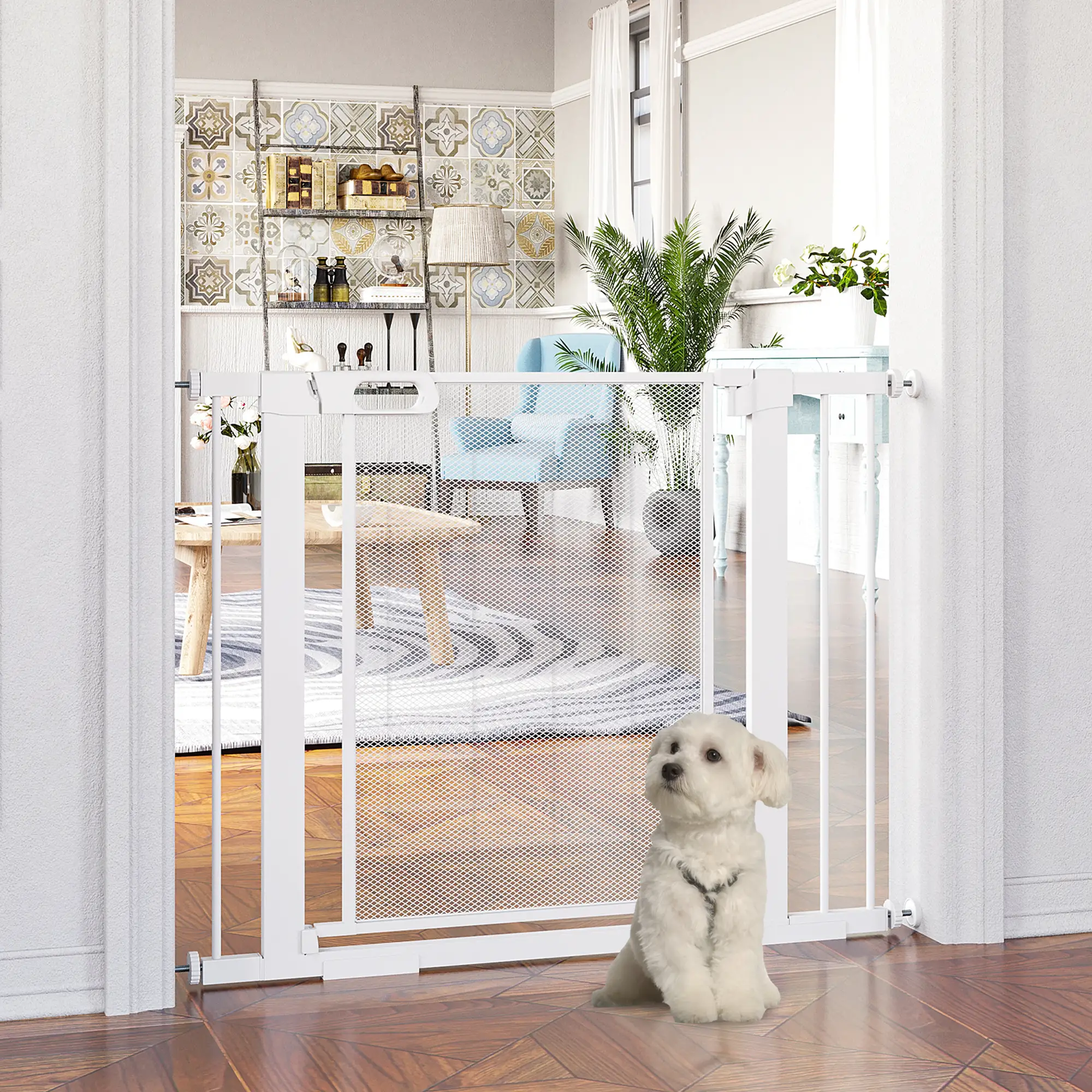 29.5"-40.6" Metal Pet Gate, Auto Closing Door, Double Locking, White - Image 2