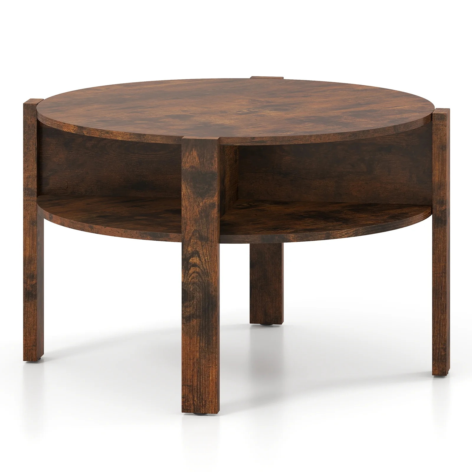 29.5 Inch Round Coffee Table, Storage Shelves, Rustic Brown