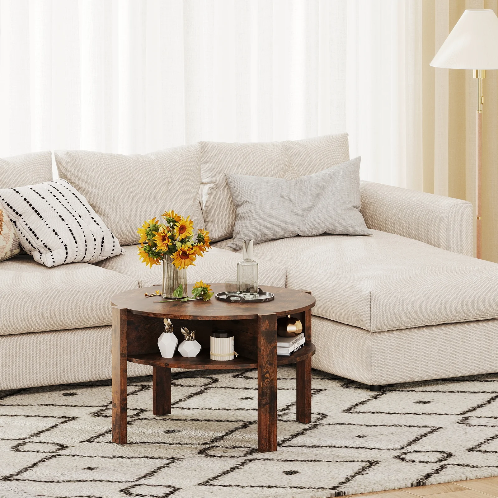29.5 Inch Round Coffee Table, Storage Shelves, Rustic Brown - Image 3