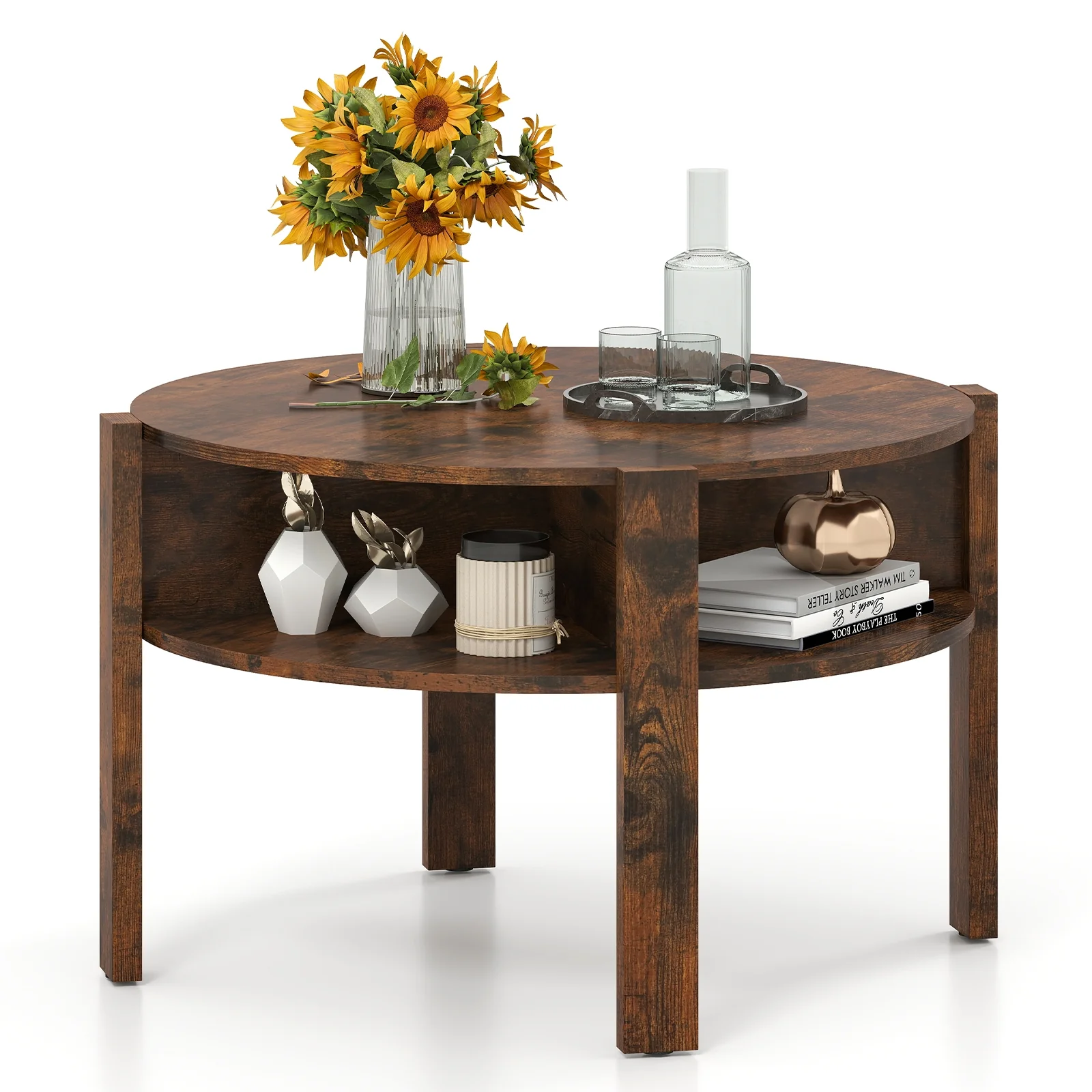 29.5 Inch Round Coffee Table, Storage Shelves, Rustic Brown - Image 5