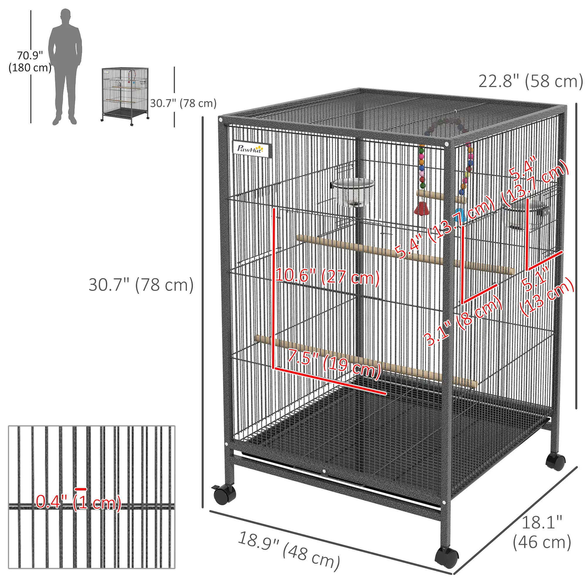 29" Bird Cage for Parrots, Lovebirds, Budgies, Finches, Flight Cage, Grey - Image 3