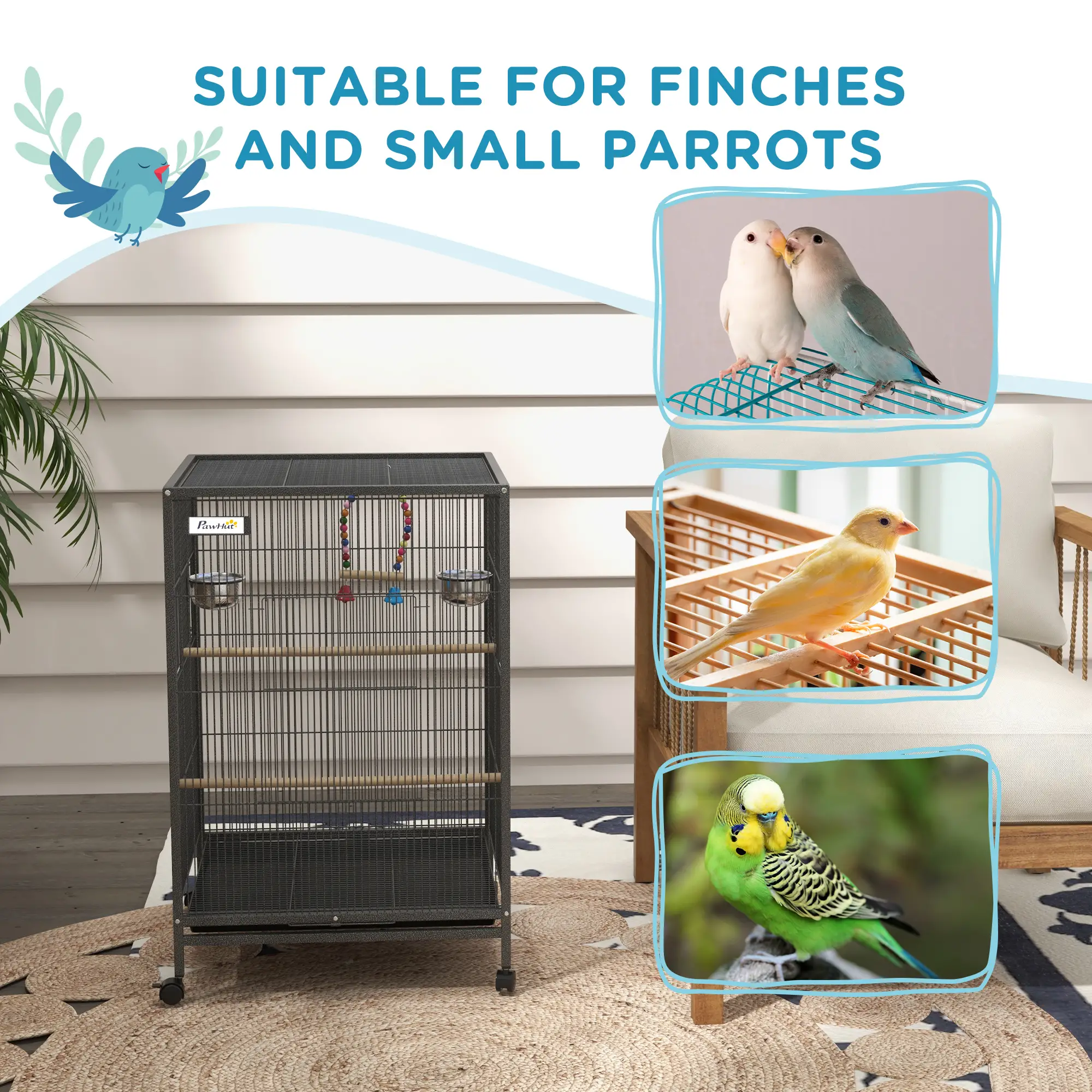 29" Bird Cage for Parrots, Lovebirds, Budgies, Finches, Flight Cage, Grey - Image 9