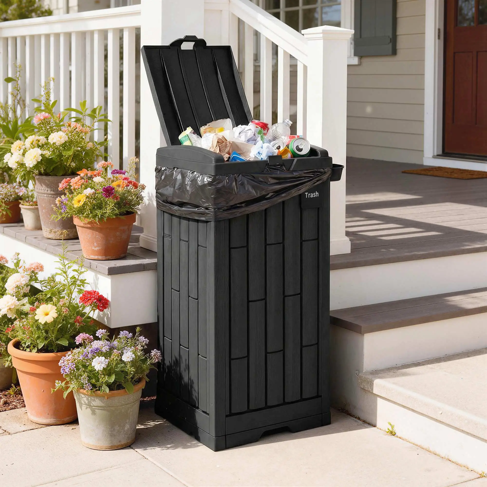 29 Gallon Outdoor Garbage Bin, Dual Lid, Ashtray Drip Tray, Black - Image 2