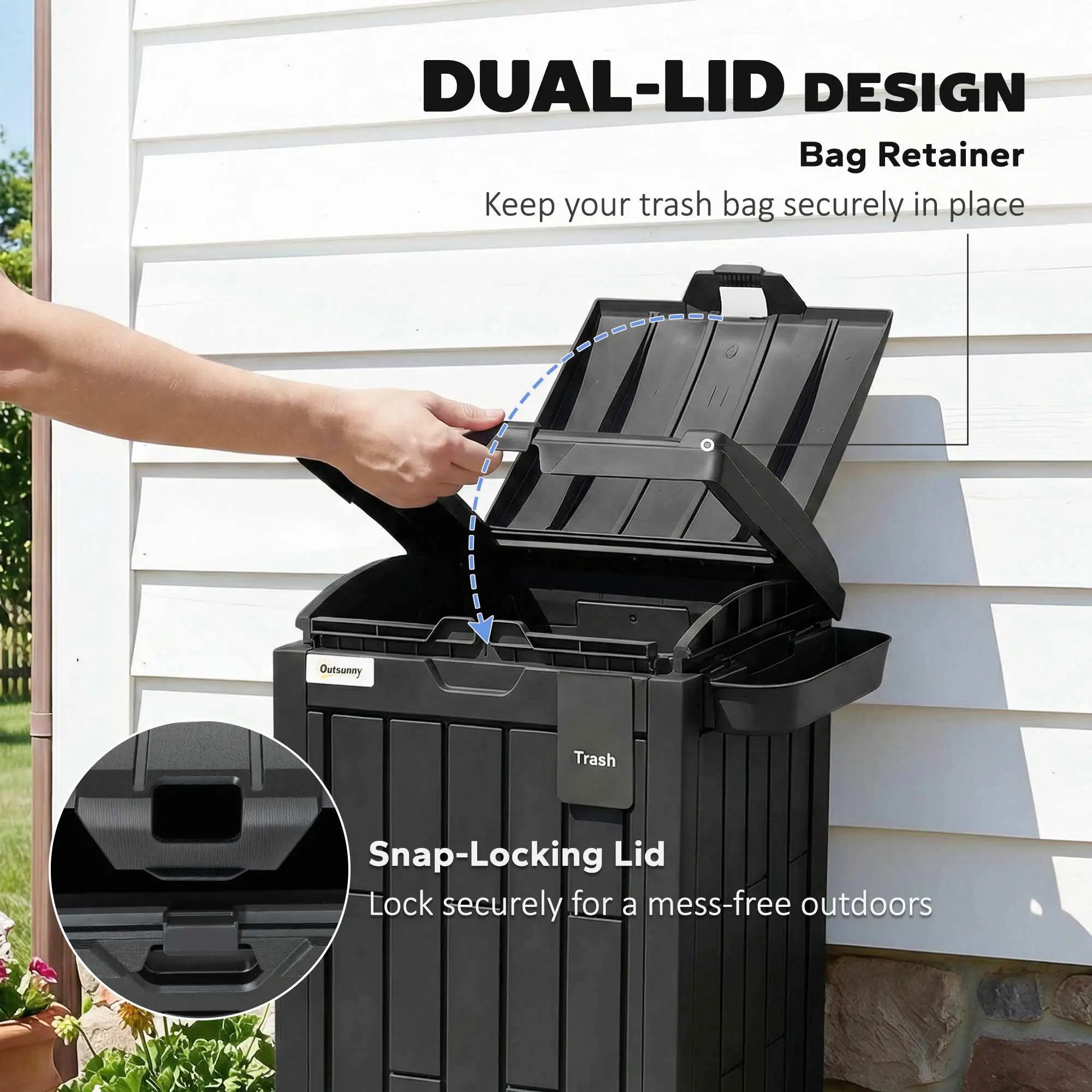 29 Gallon Outdoor Garbage Bin, Dual Lid, Ashtray Drip Tray, Black - Image 5
