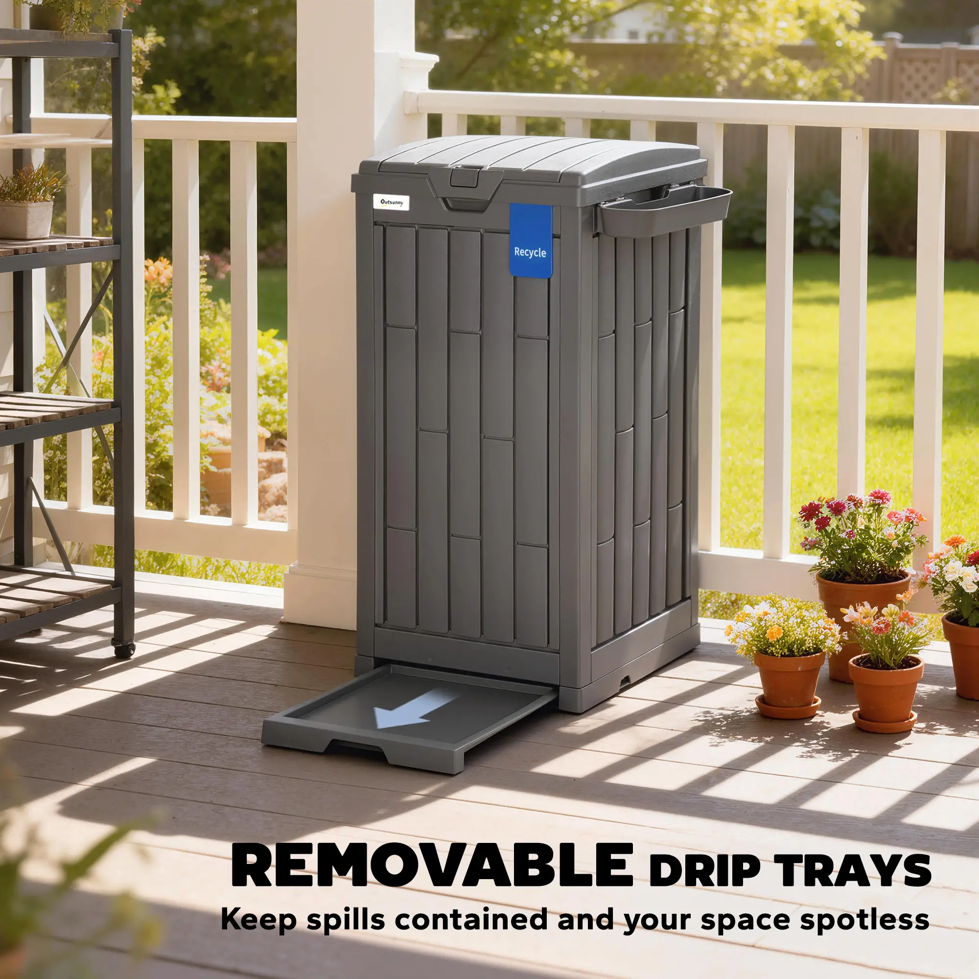 29 Gallon Outdoor Garbage Bin, Dual Lid, Ashtray Drip Tray, Grey - Image 7