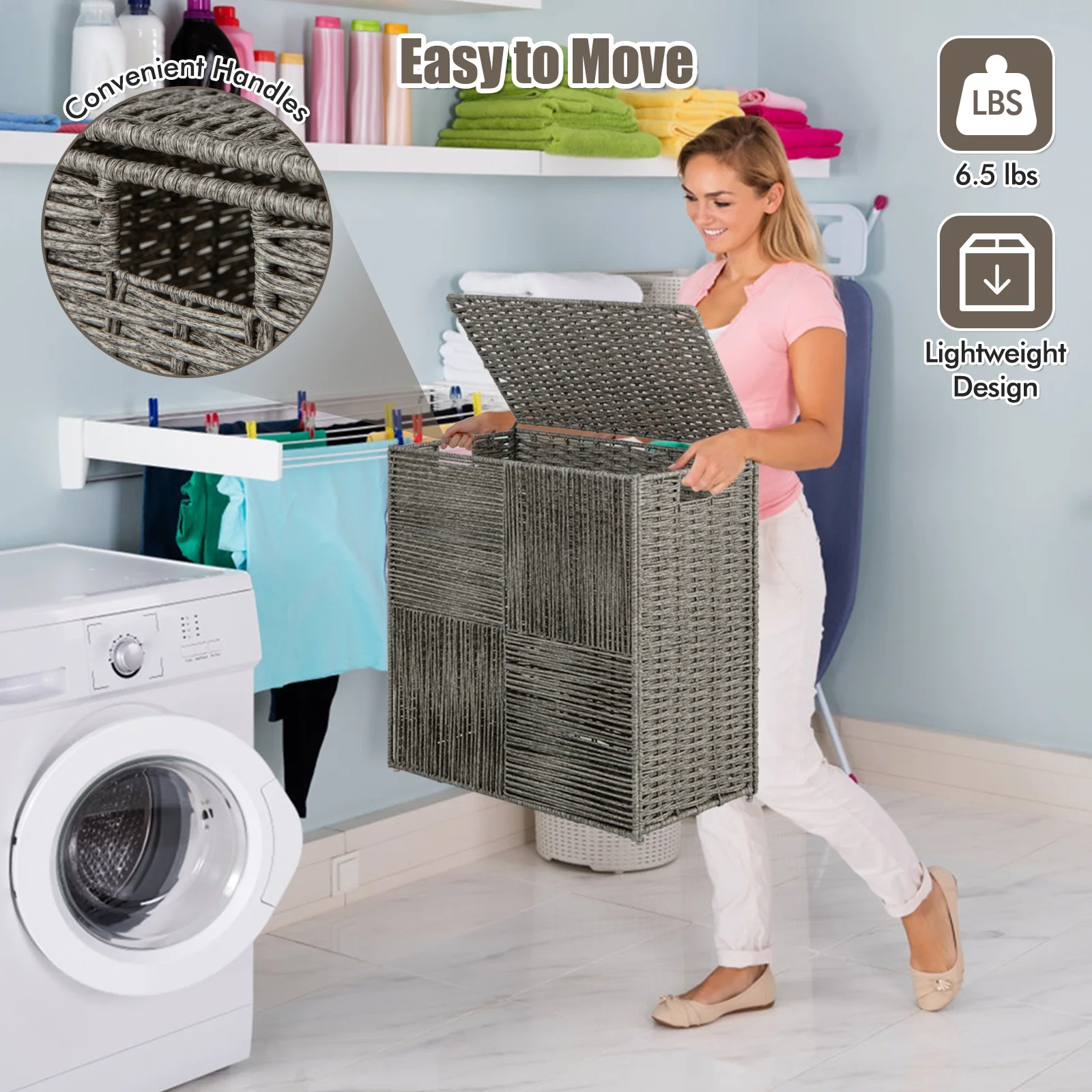 29 Gallons Laundry Hamper, Removable Liner Bag, Gray - Image 9