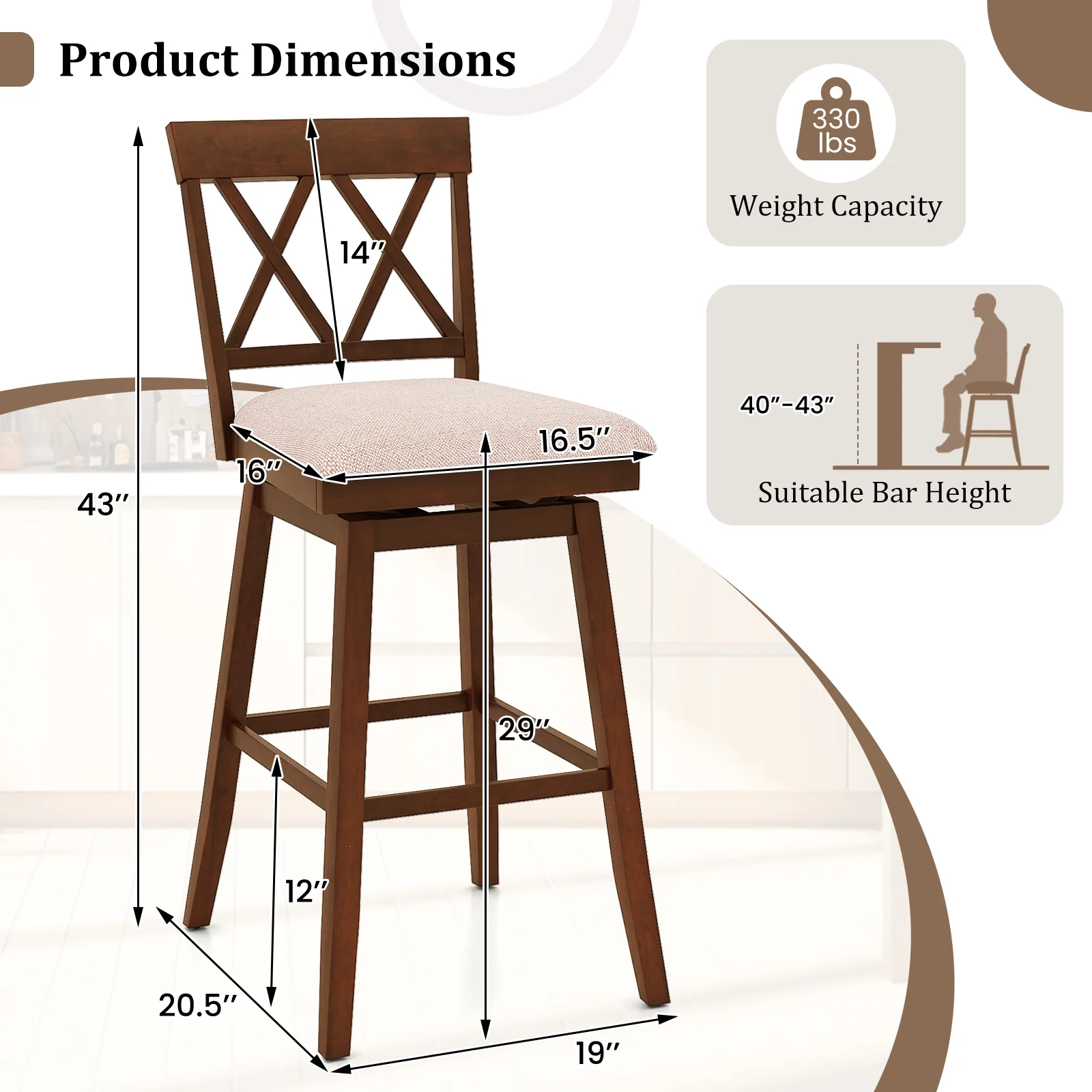 29 Inch Counter Height Barstools with Backrest and Upholstered Seat Cushion for Kitchen Dining Room, Oak - Image 5