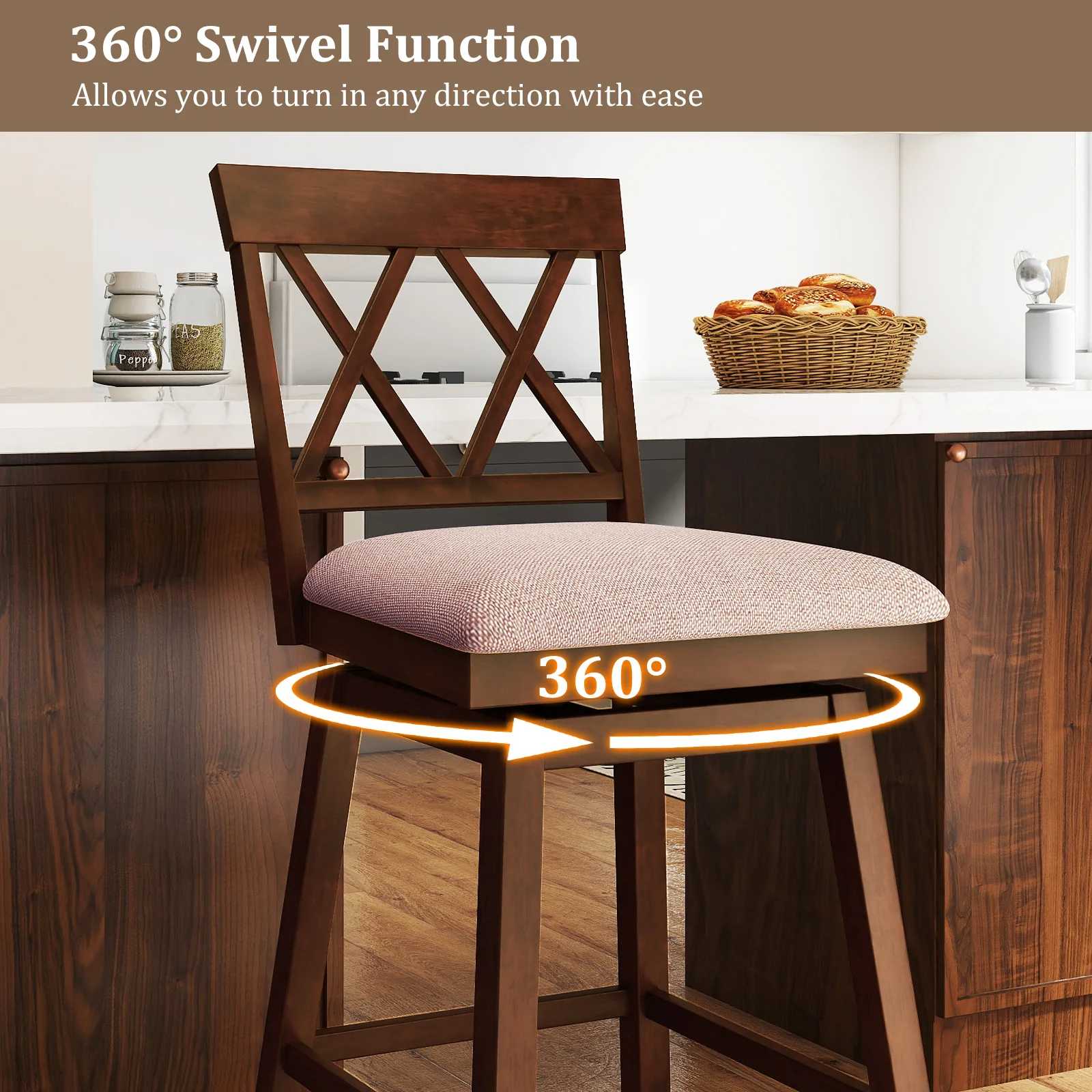 29 Inch Counter Height Barstools with Backrest and Upholstered Seat Cushion for Kitchen Dining Room, Oak - Image 6