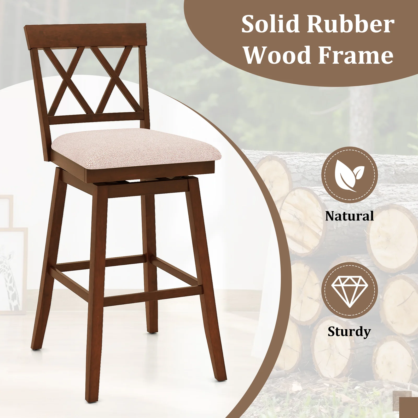 29 Inch Counter Height Barstools with Backrest and Upholstered Seat Cushion for Kitchen Dining Room, Oak - Image 8
