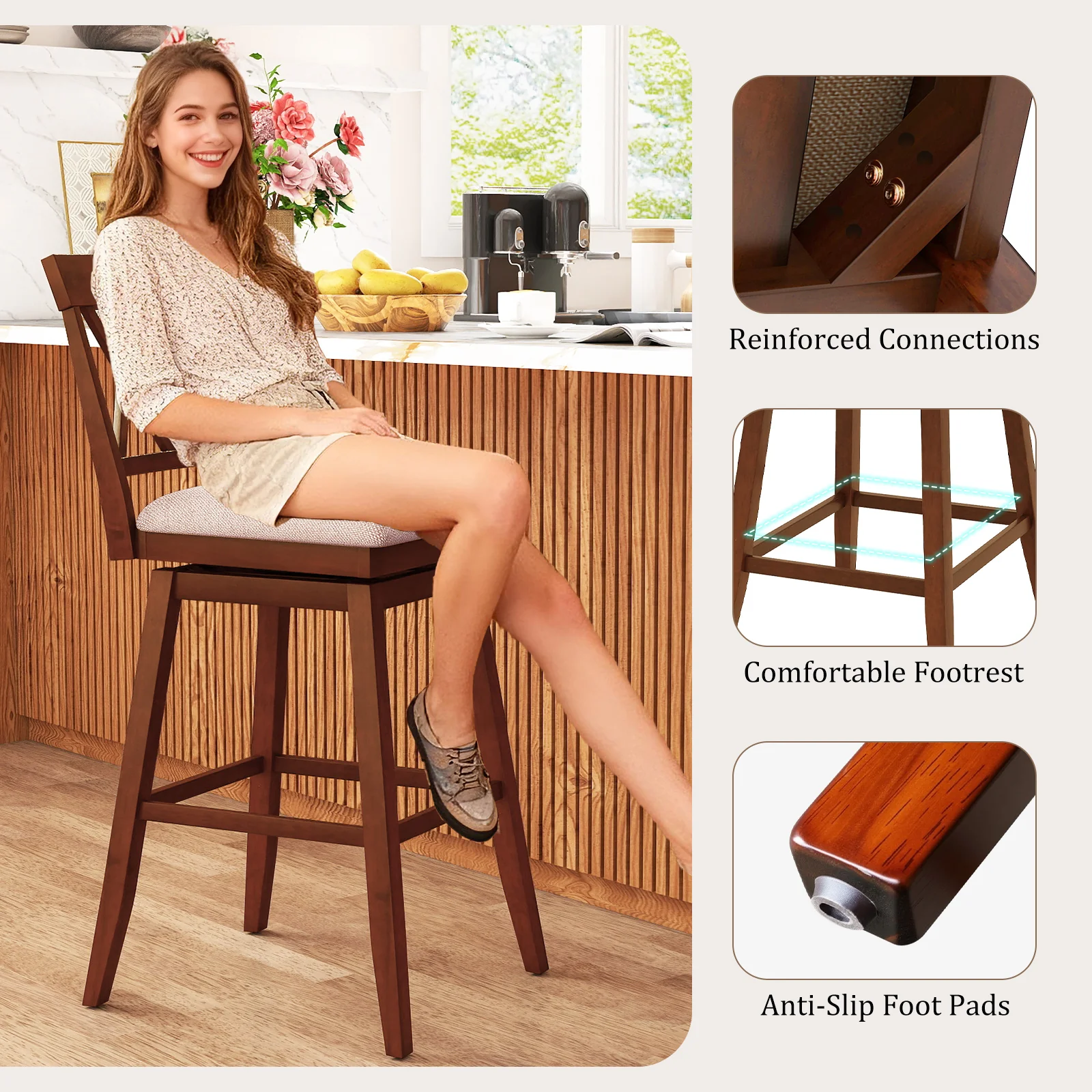 29 Inch Counter Height Barstools with Backrest and Upholstered Seat Cushion for Kitchen Dining Room, Oak - Image 9