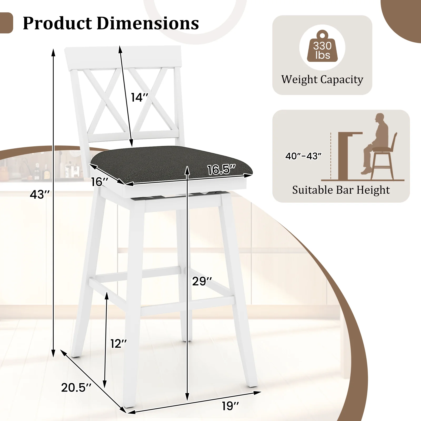 29 Inch Counter Height Barstools with Backrest and Upholstered Seat Cushion for Kitchen Dining Room, White - Image 5