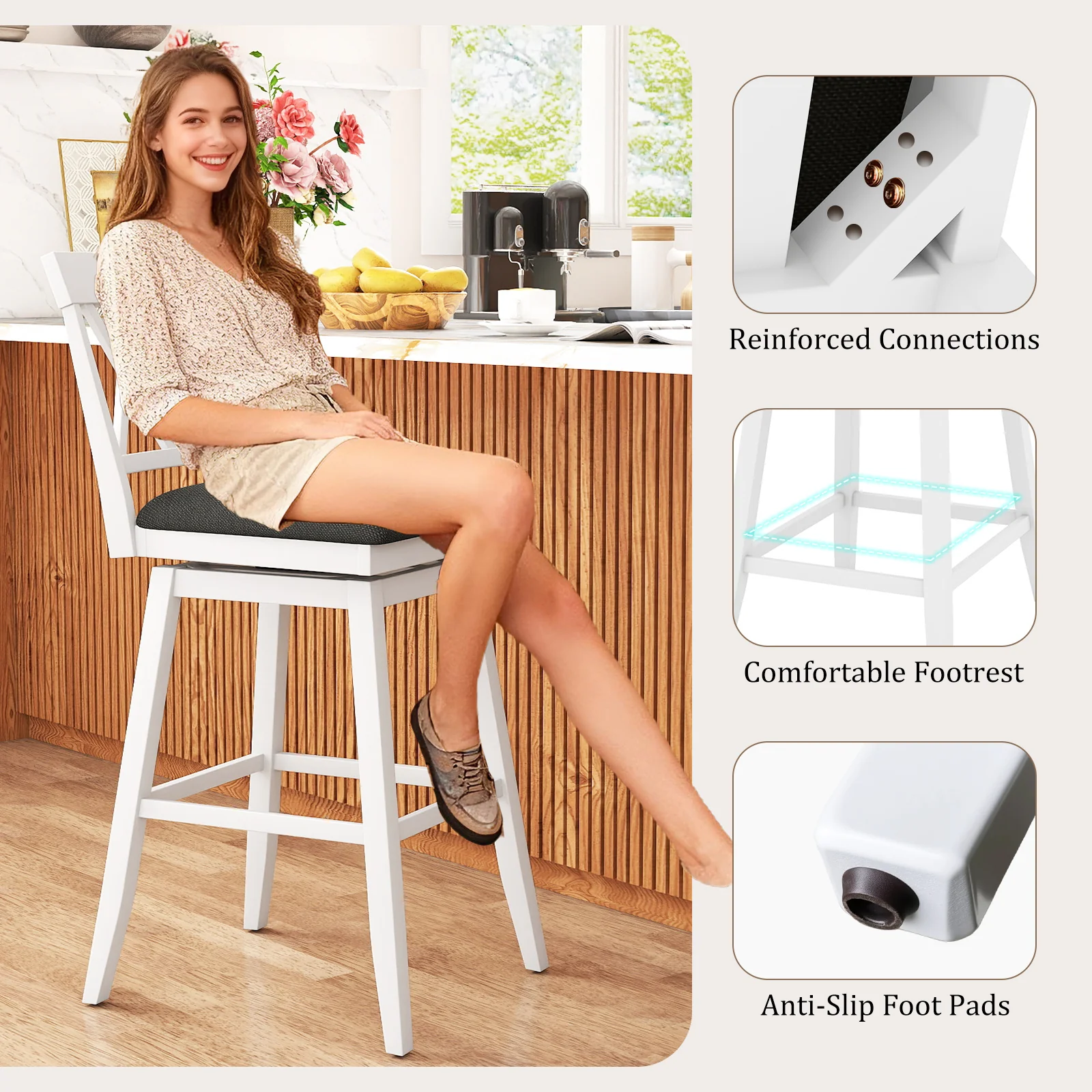 29 Inch Counter Height Barstools with Backrest and Upholstered Seat Cushion for Kitchen Dining Room, White - Image 9