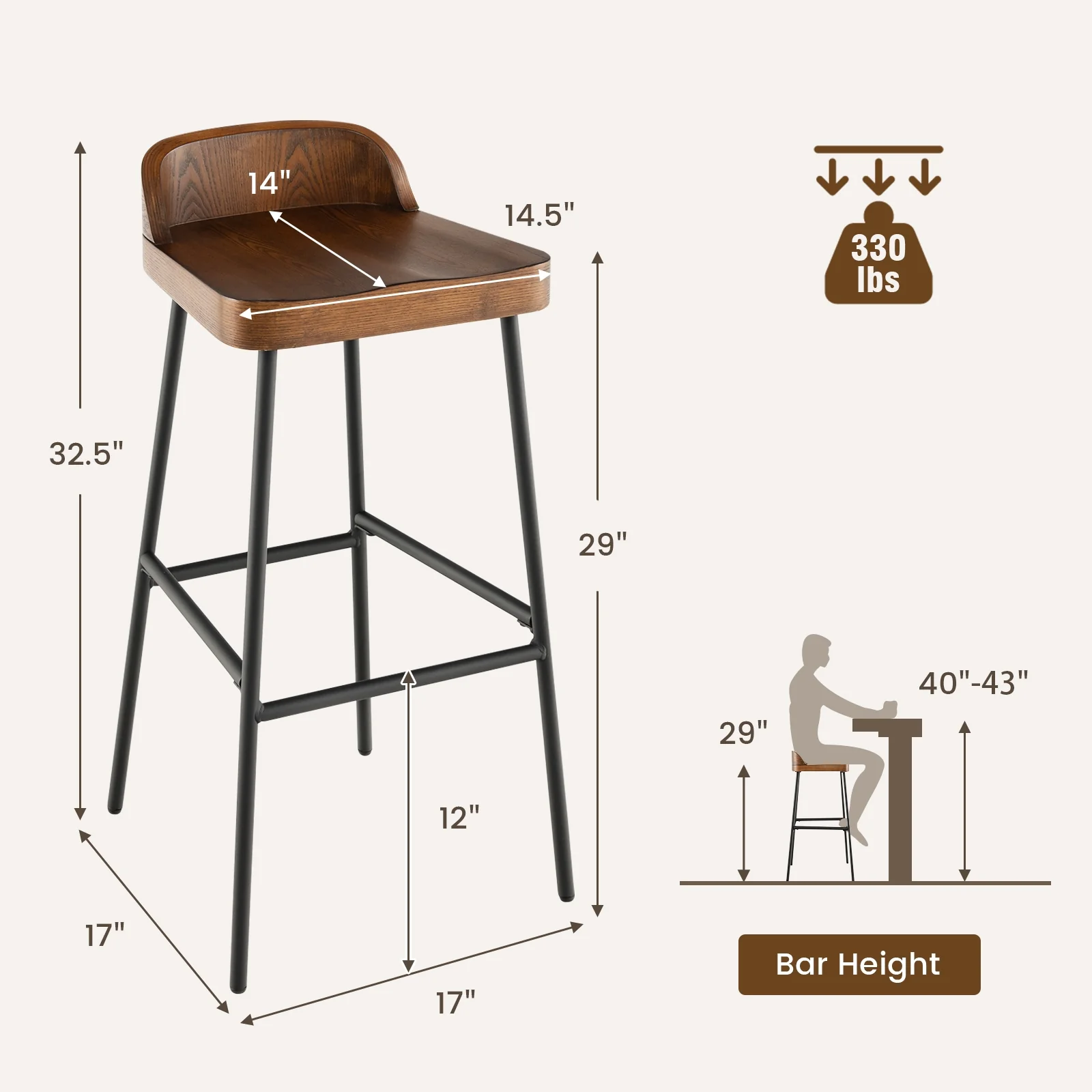 29 Inch Industrial Bar Stools, Set of 2, Brown - Image 6