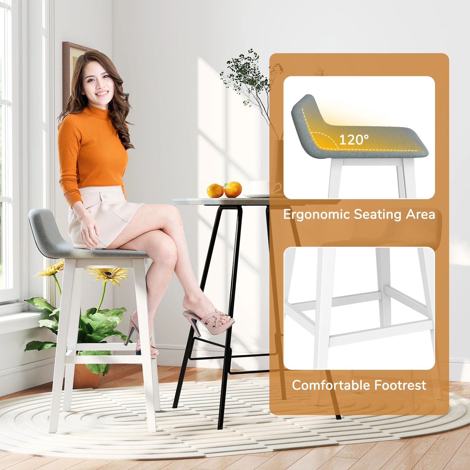 29 Inch Low-Back High-Top Chair, Padded Seat, Rubber Wood Legs, White - Image 10