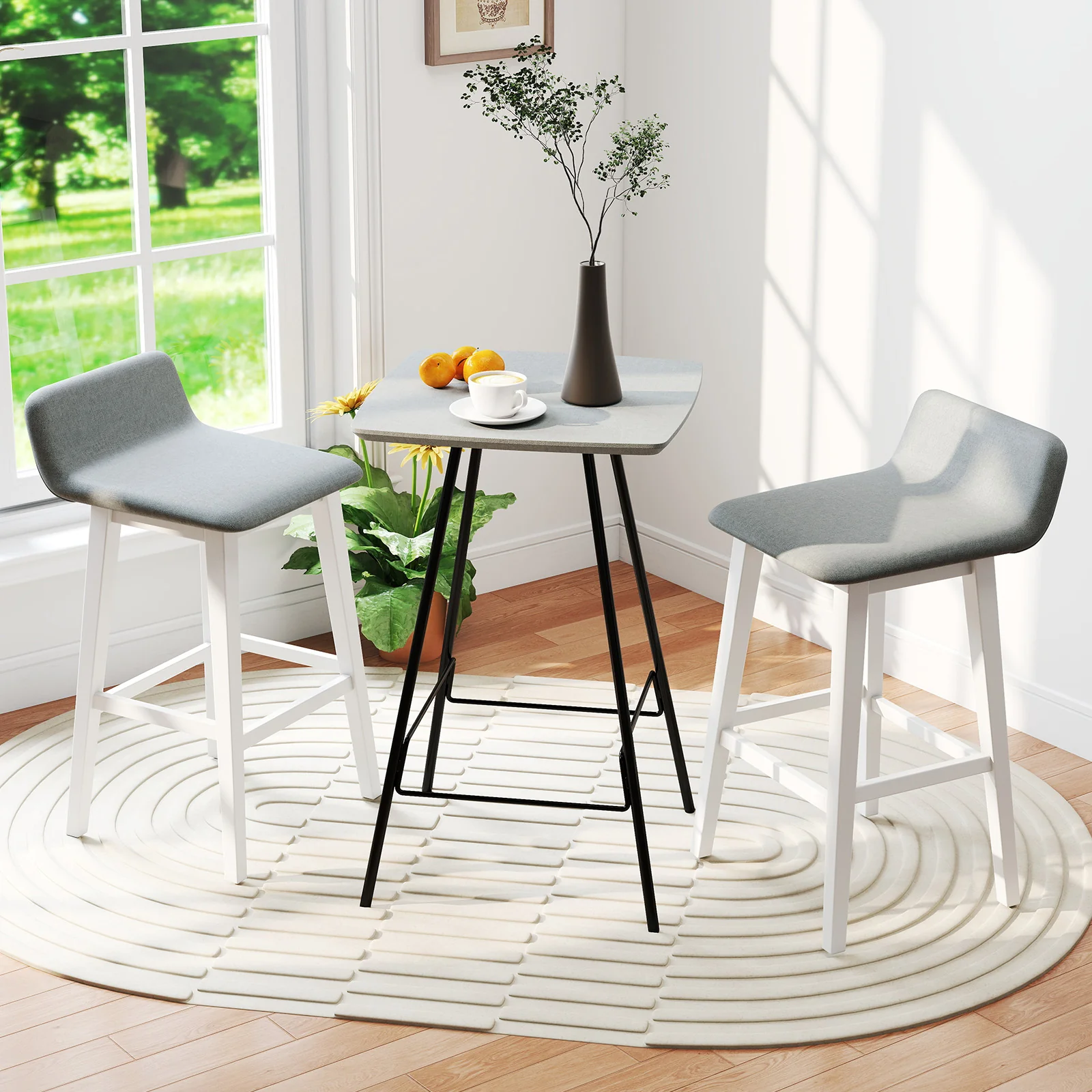29 Inch Low-Back High-Top Chair, Padded Seat, Rubber Wood Legs, White - Image 2