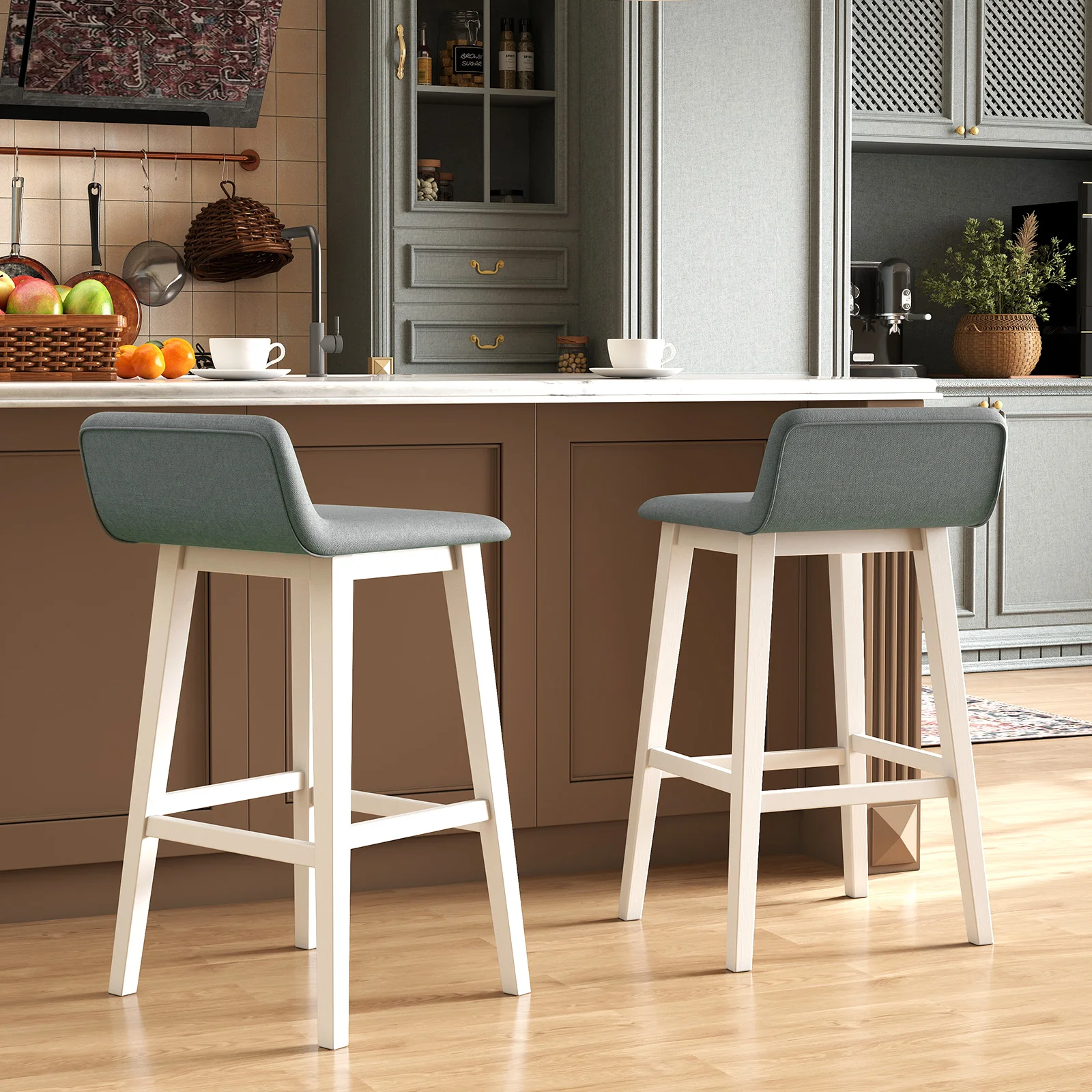 29 Inch Low-Back High-Top Chair, Padded Seat, Rubber Wood Legs, White - Image 3
