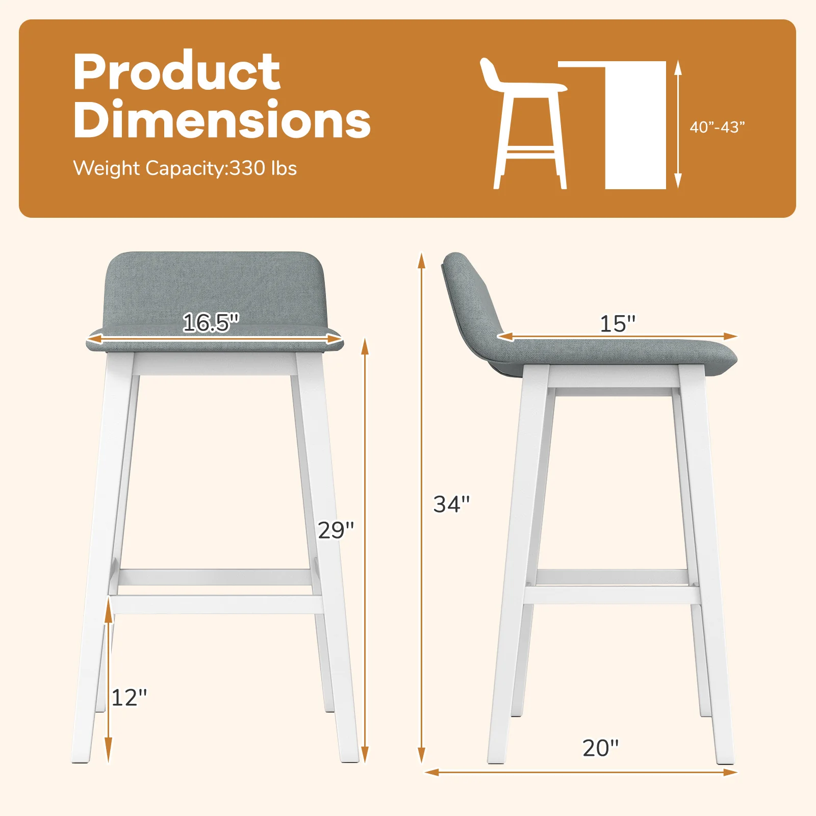 29 Inch Low-Back High-Top Chair, Padded Seat, Rubber Wood Legs, White - Image 5