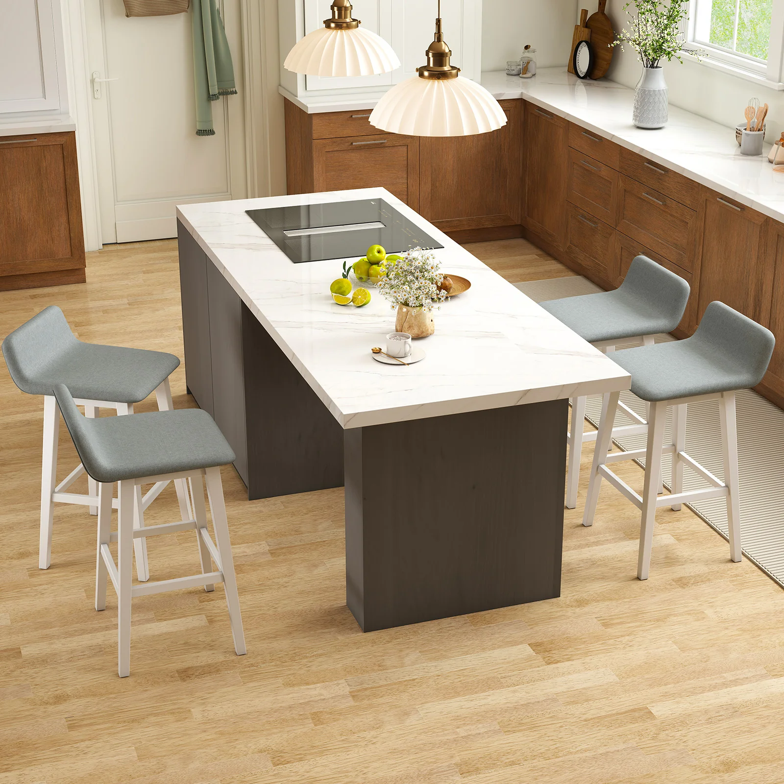29 Inch Low-Back High-Top Chair, Padded Seat, Rubber Wood Legs, White - Image 6