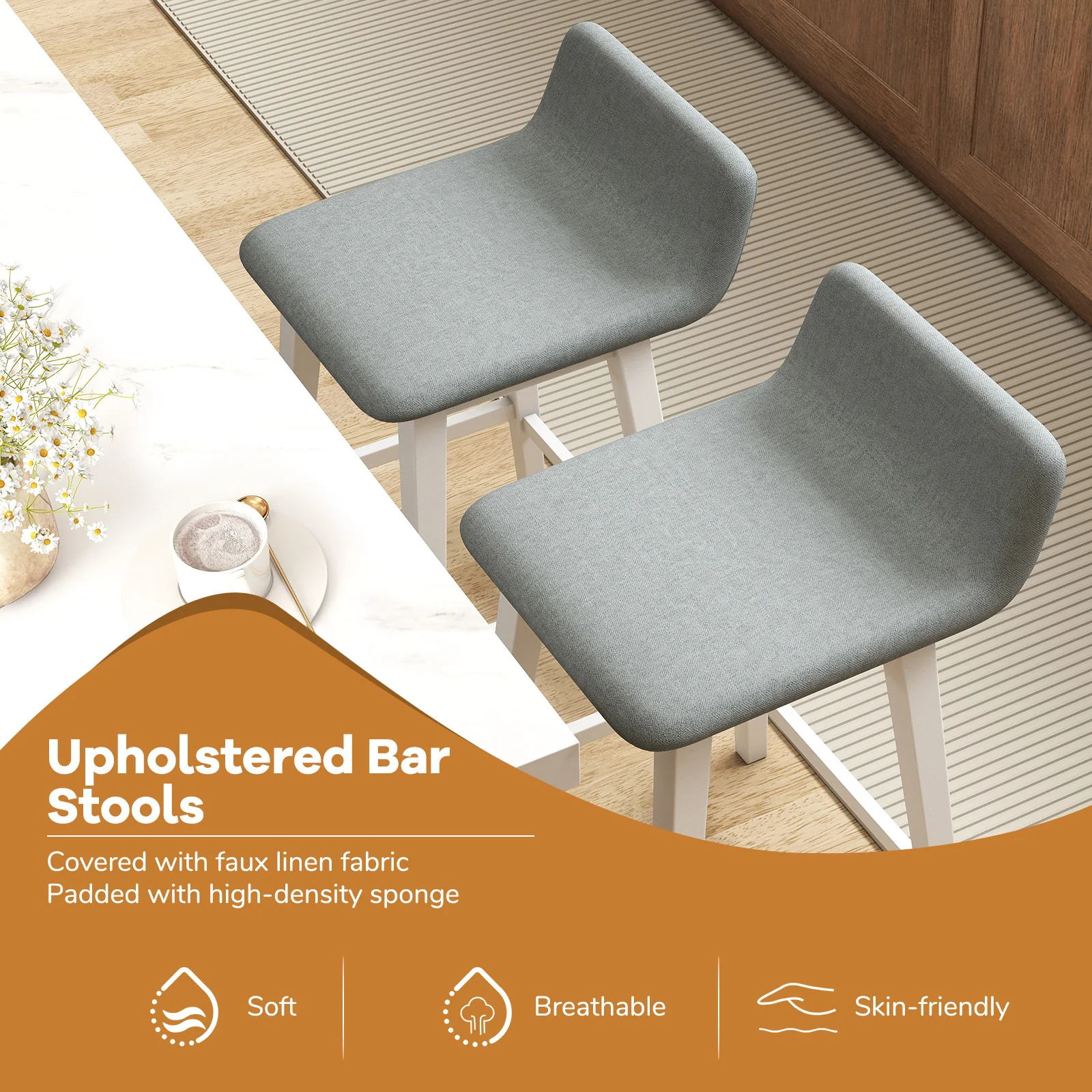 29 Inch Low-Back High-Top Chair, Padded Seat, Rubber Wood Legs, White - Image 7