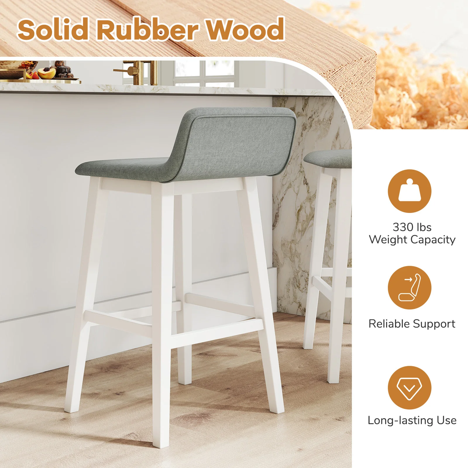 29 Inch Low-Back High-Top Chair, Padded Seat, Rubber Wood Legs, White - Image 8