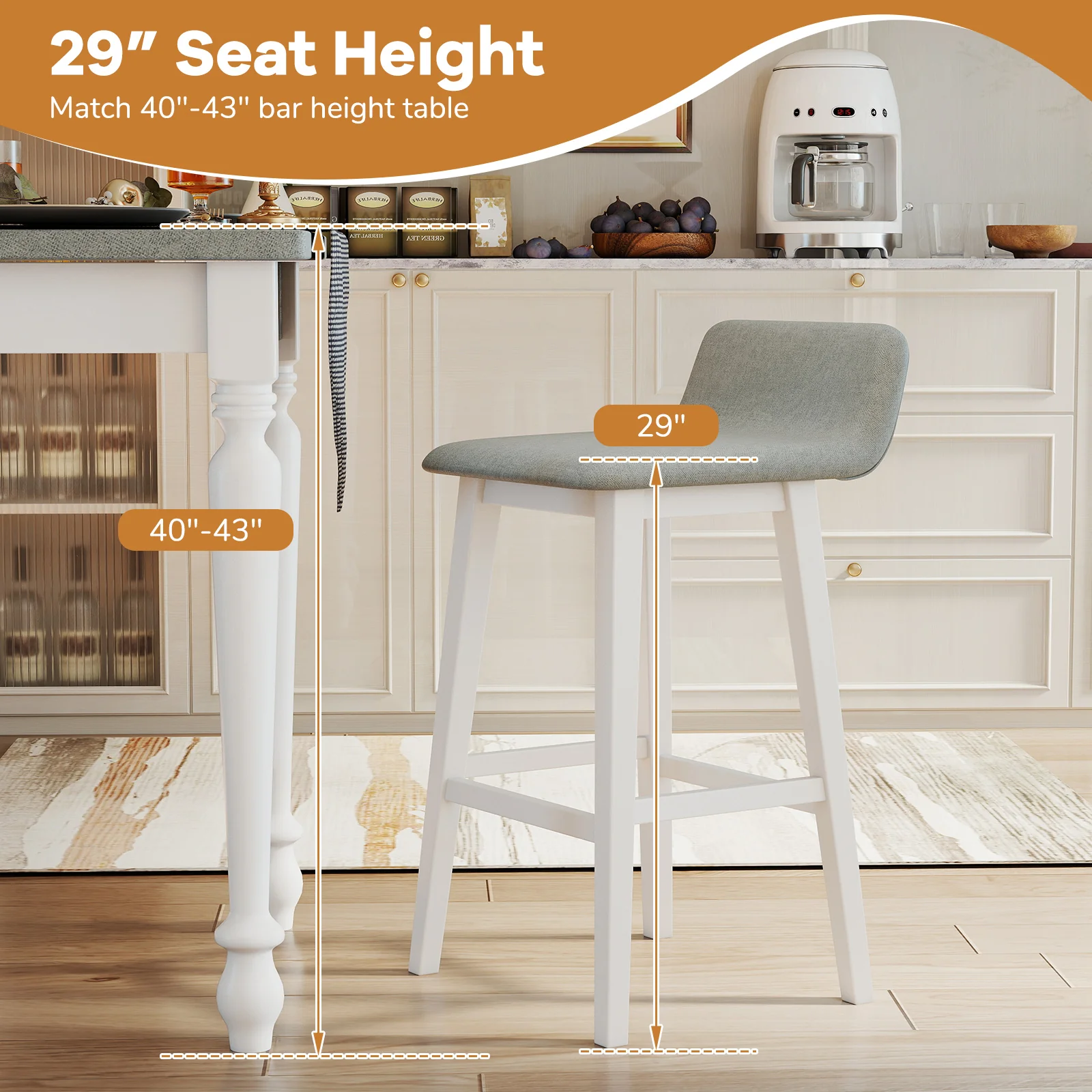29 Inch Low-Back High-Top Chair, Padded Seat, Rubber Wood Legs, White - Image 9