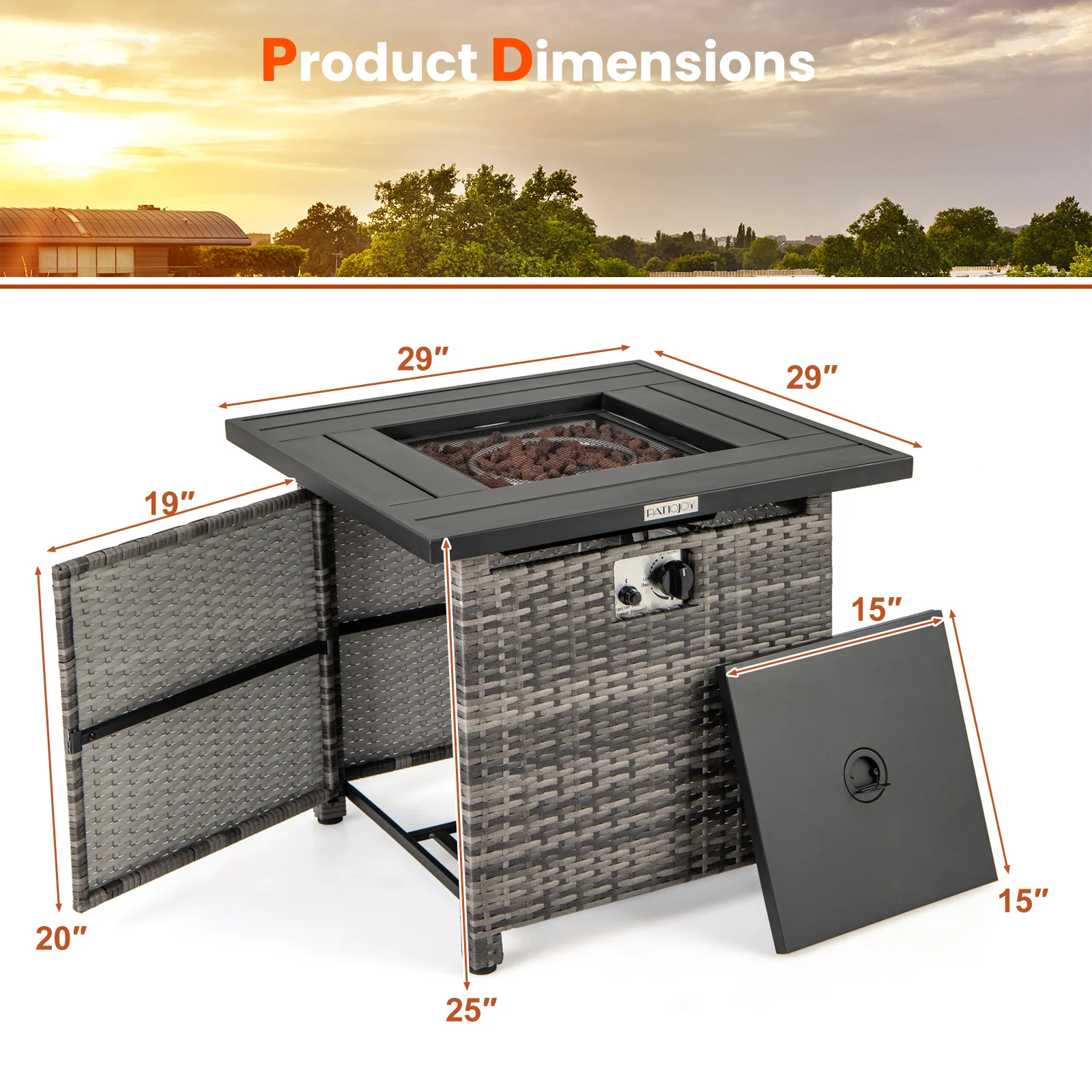 29 Inch Propane Firepit Table With Lava Rocks, Gray - Image 6