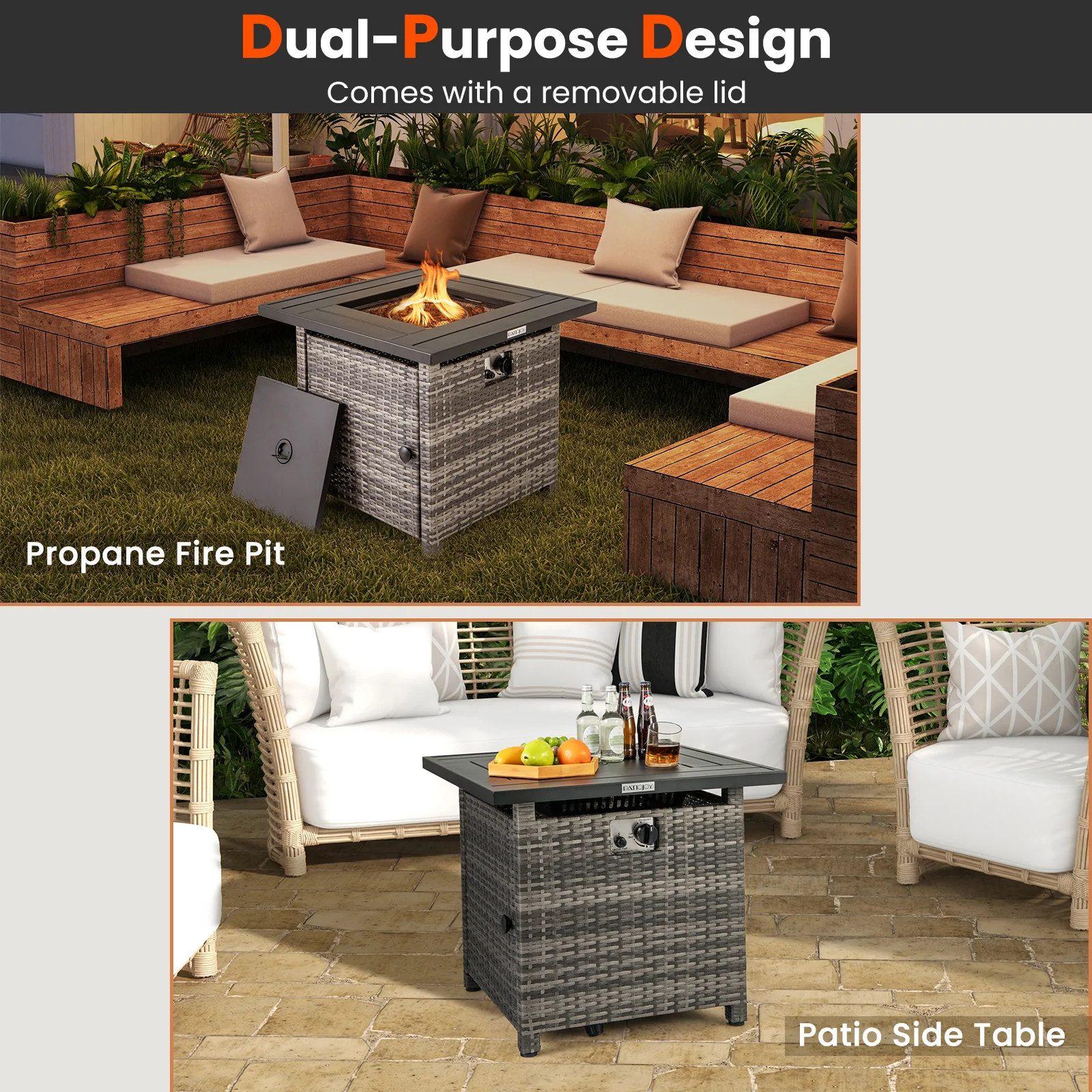 29 Inch Propane Firepit Table With Lava Rocks, Gray - Image 8