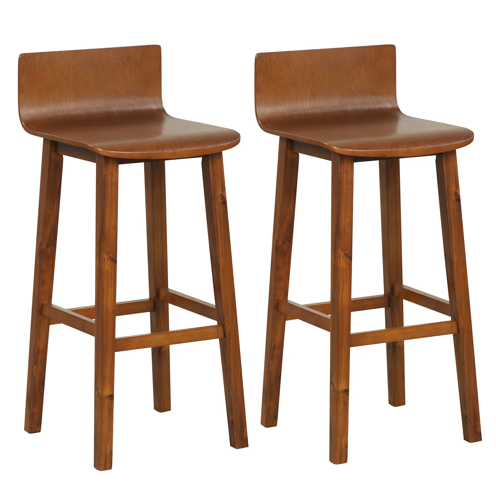 29 Inch Wood Bar Stools, Set of 2, Solid Back and Seat, Walnut - Image 4